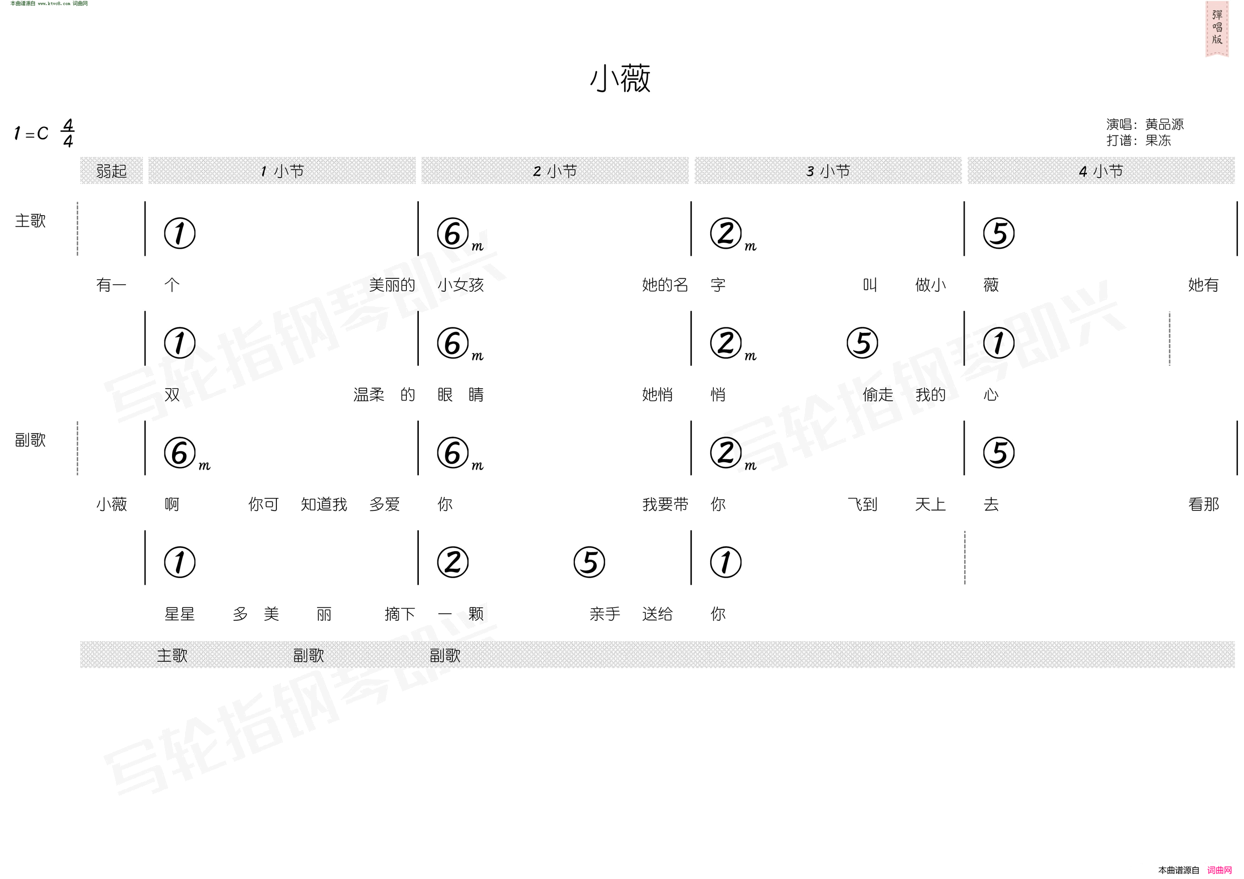 小薇 简和谱简谱-黄品源演唱-阿弟/阿弟词曲1