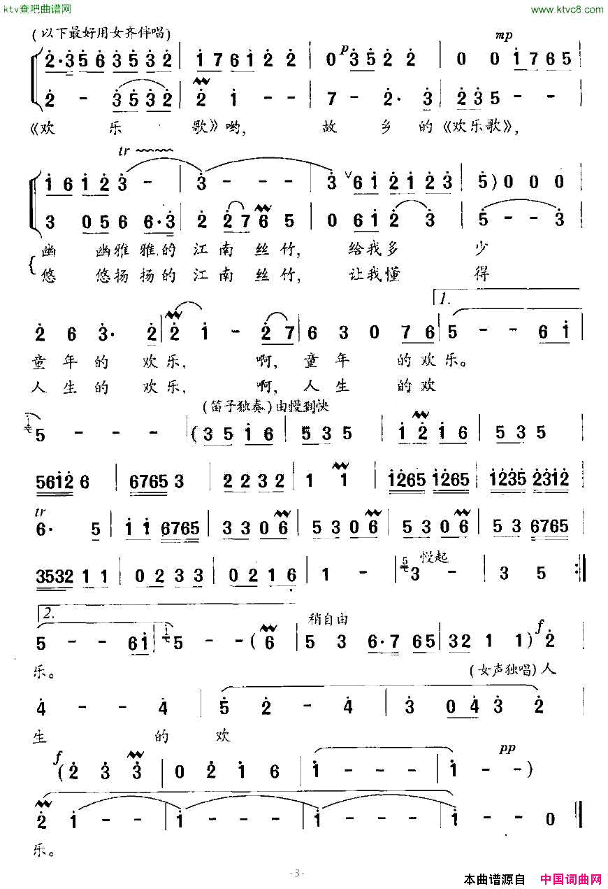 哦，故乡的《欢乐歌》女高音与竹笛简谱1