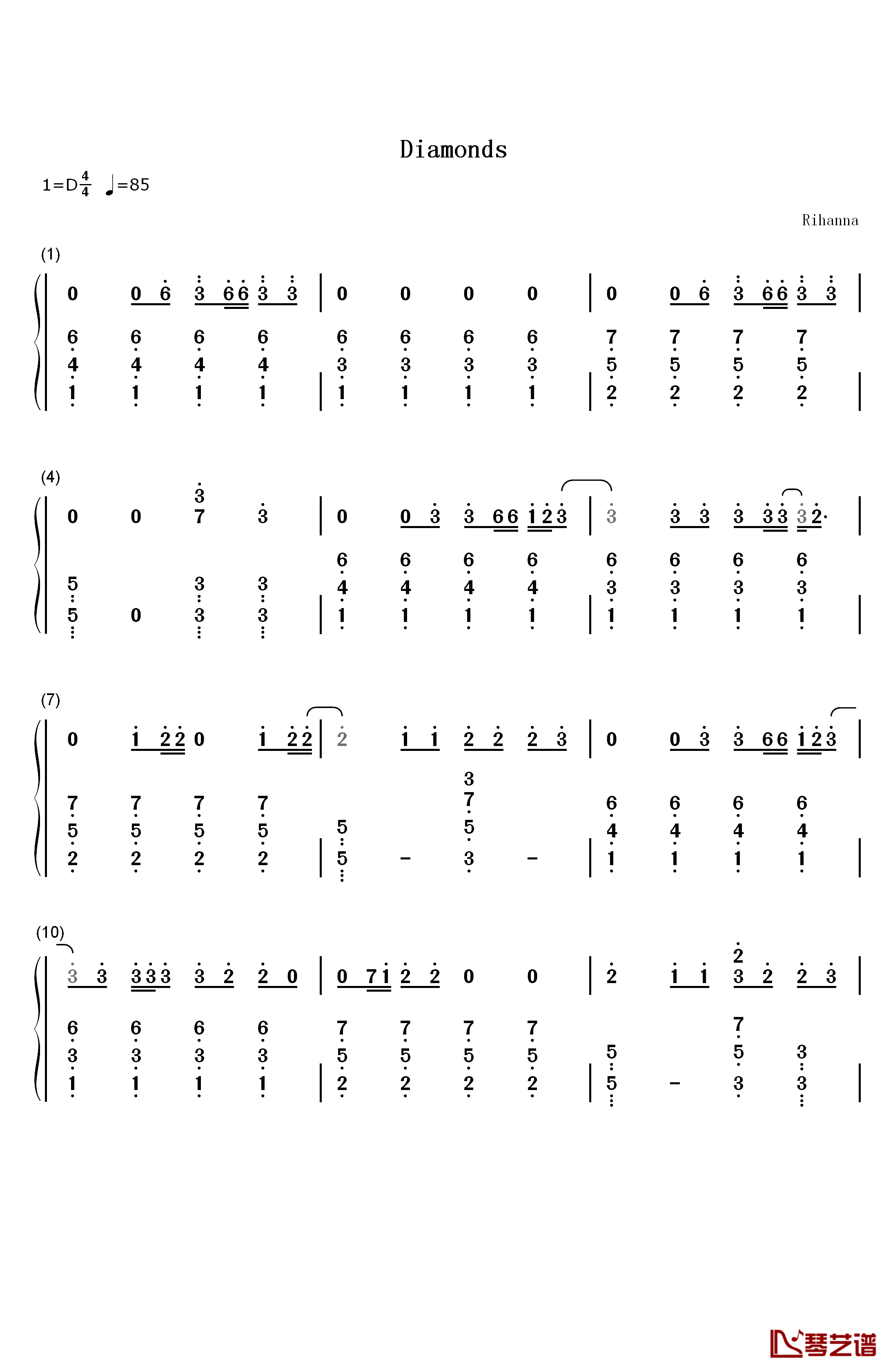 Diamonds简单版钢琴简谱-数字双手-Rihanna1