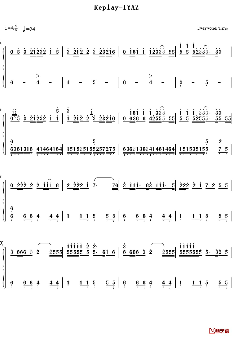 Replay钢琴简谱-数字双手-Iyaz1
