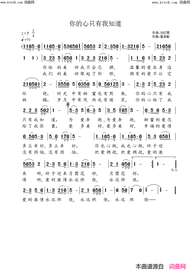 你的心只有我知道简谱-高吉魁曲谱1