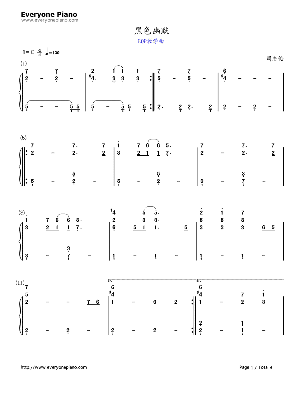 黑色幽默钢琴简谱-数字双手-周杰伦1