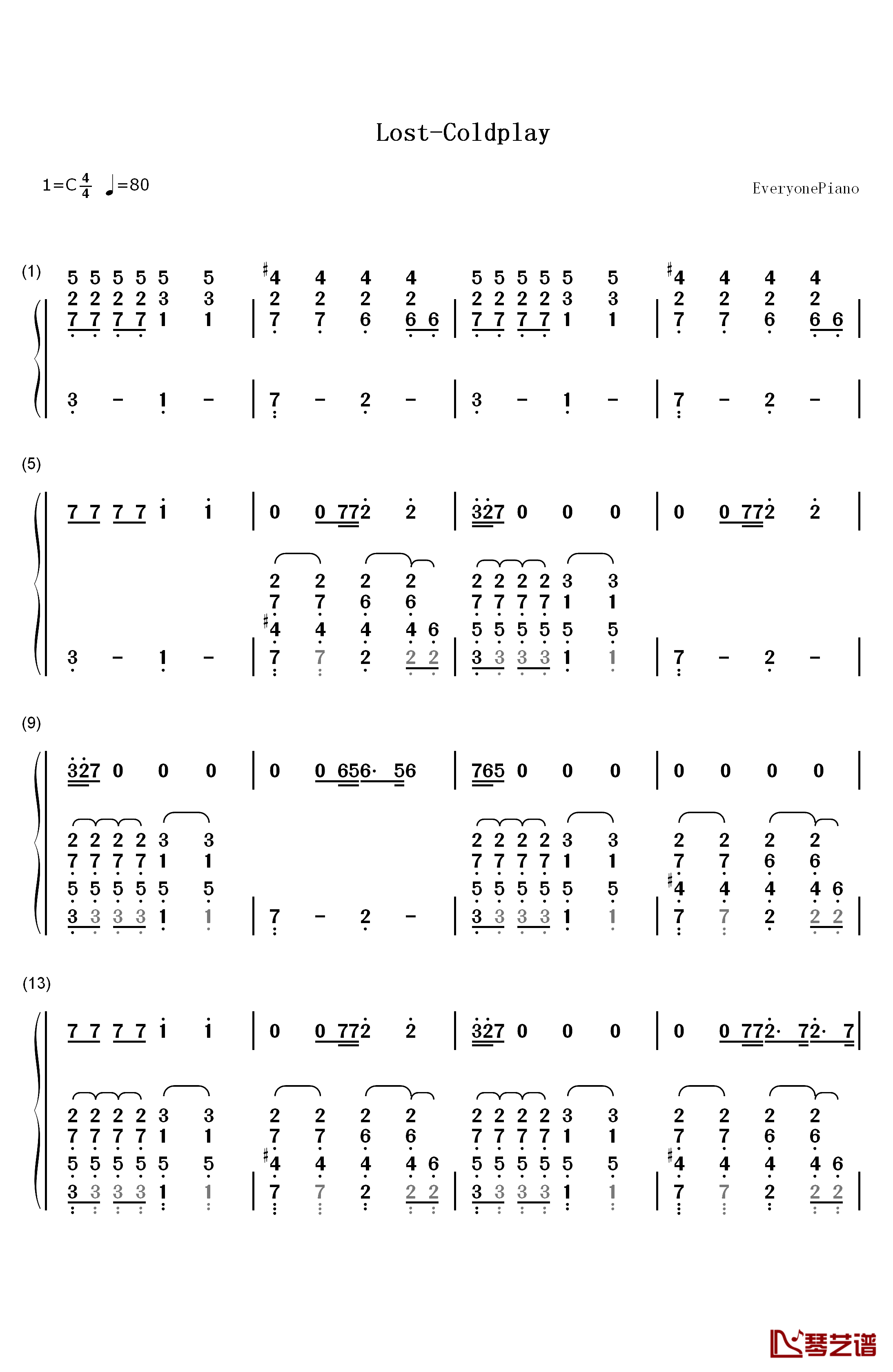 Lost钢琴简谱-数字双手-Coldplay1