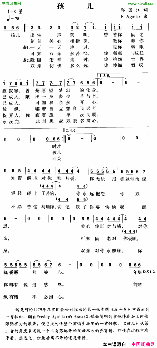 孩儿简谱-谭咏麟演唱-郑国江/F·Aguilar词曲1