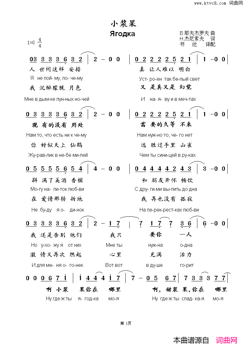 小浆果Ягодка中俄简谱小浆果 Ягодка中俄简谱简谱1