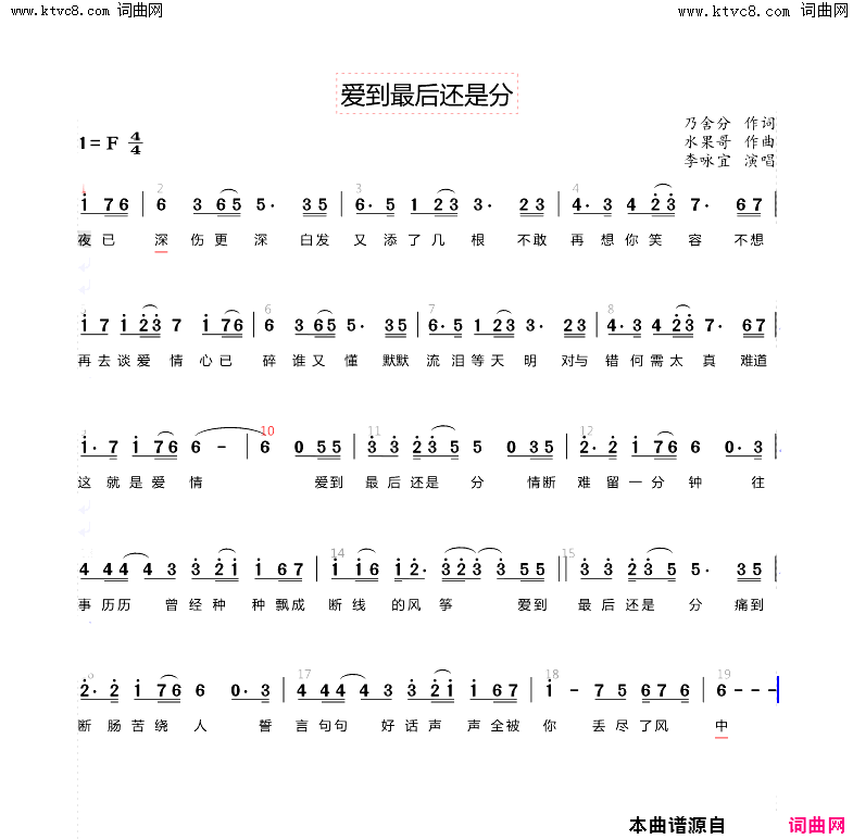 爱到最后还是分简谱-李咏宜演唱-乃舍分/水果哥词曲1