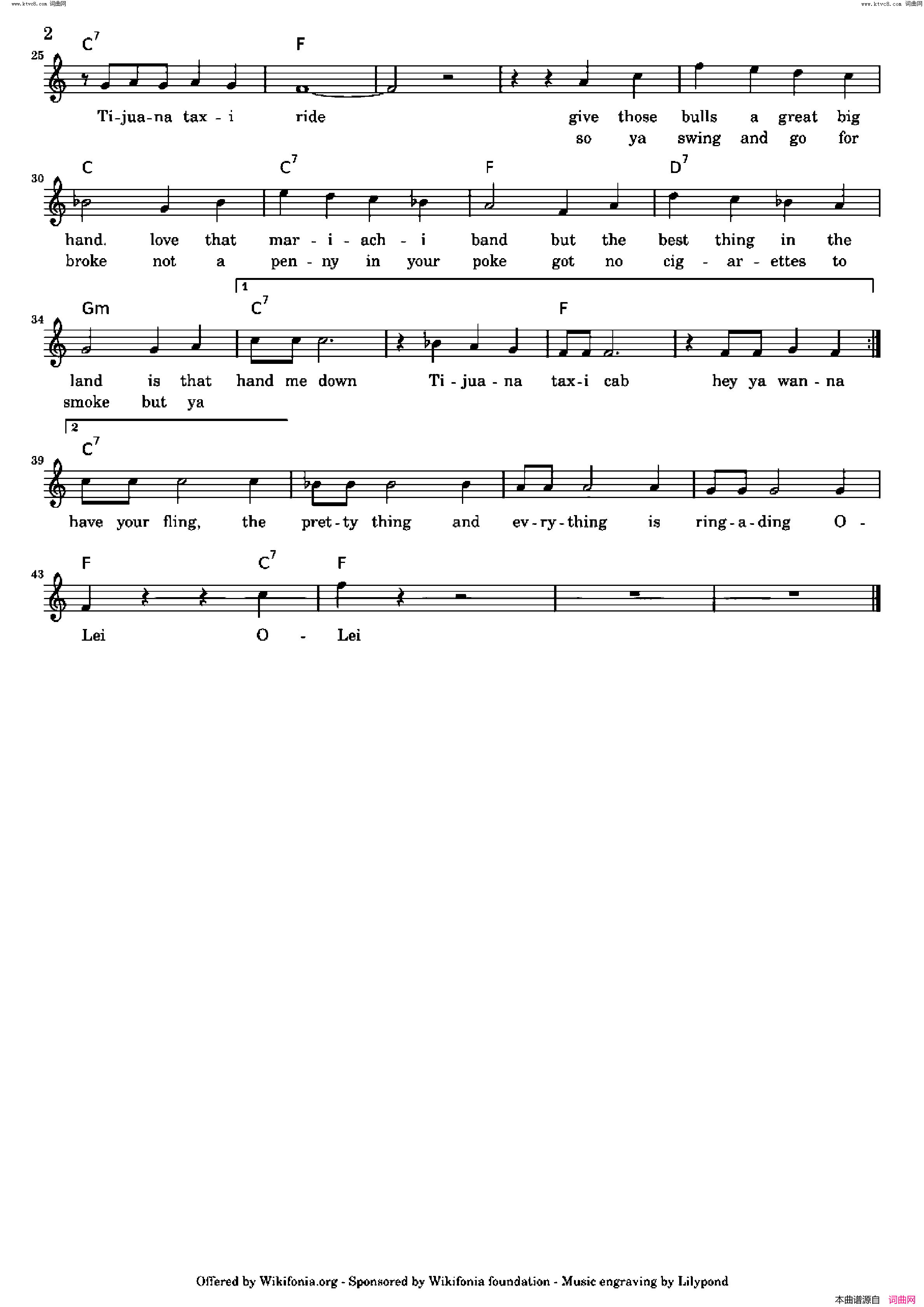 Tijuana Taxi歌曲 人声伴奏简谱1