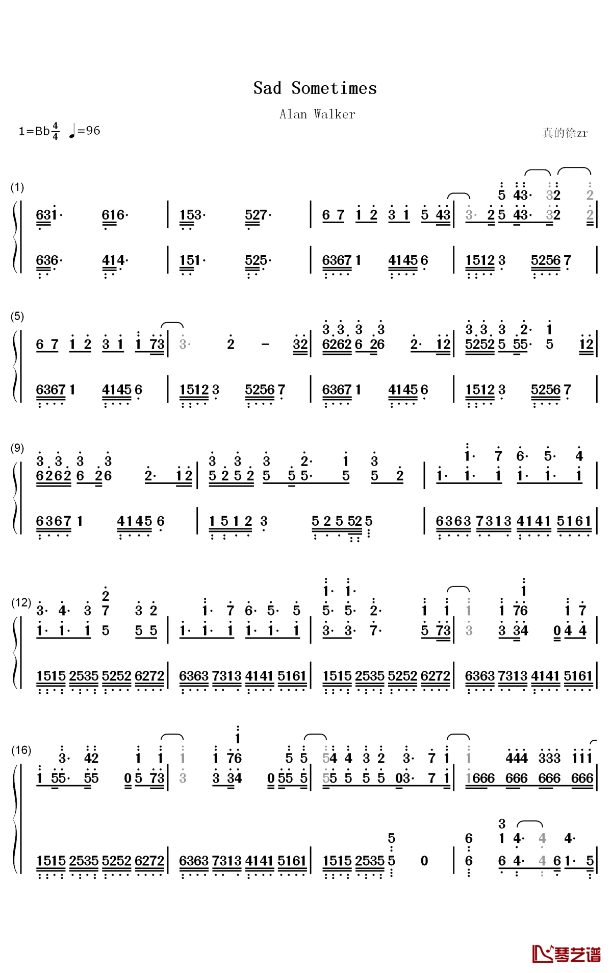 Sad Sometimes钢琴简谱-数字双手-Alan Walker CORSAK 黄霄雲1