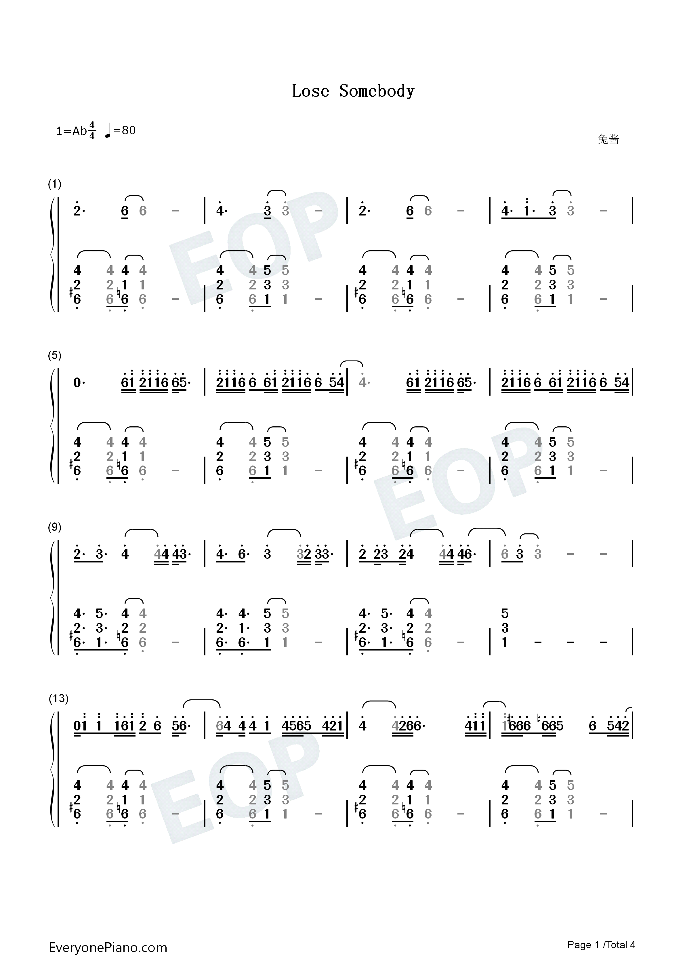 Lose Somebody钢琴简谱-Kygo OneRepublic演唱1