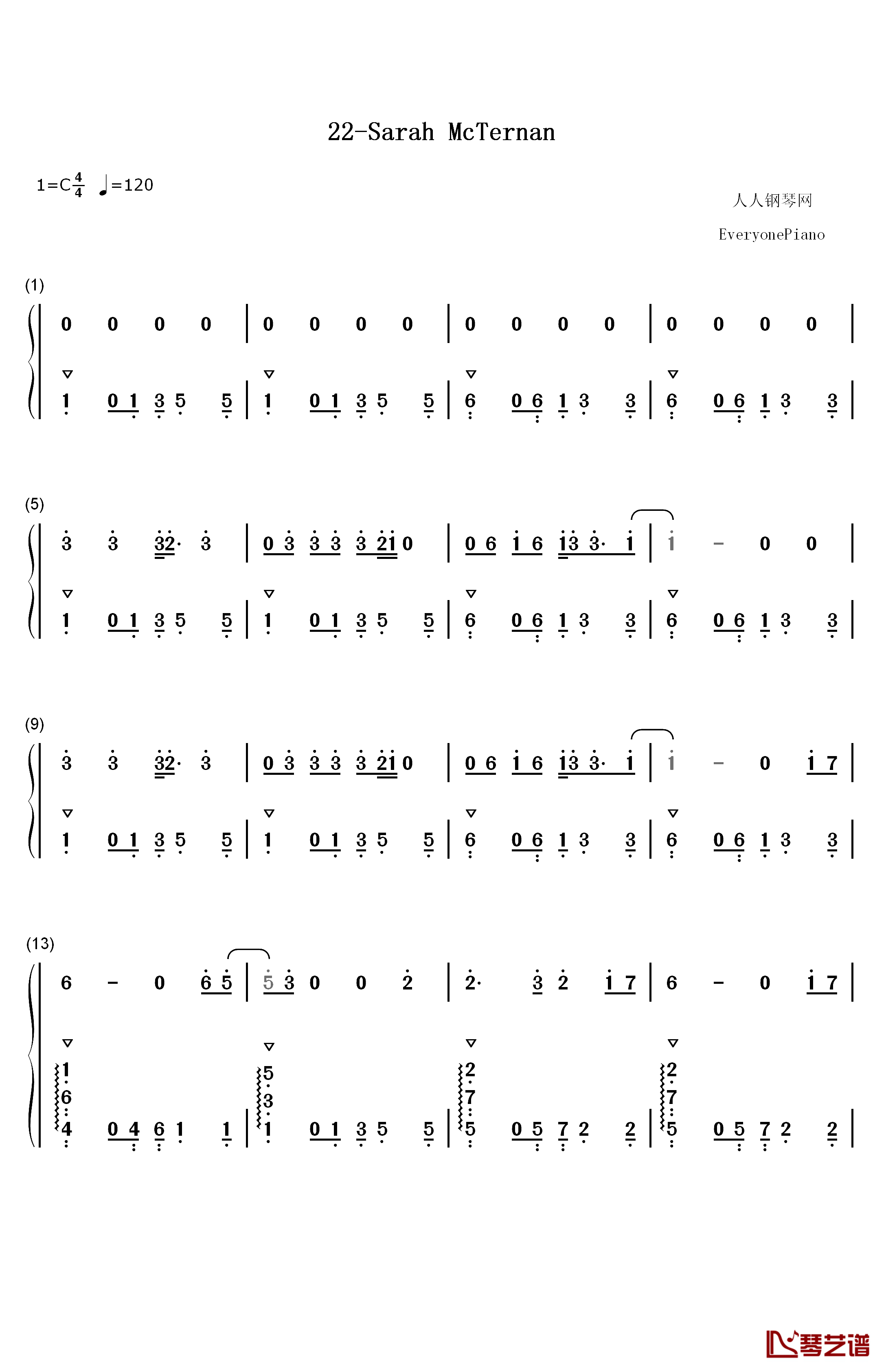 22钢琴简谱-数字双手-Sarah McTernan1