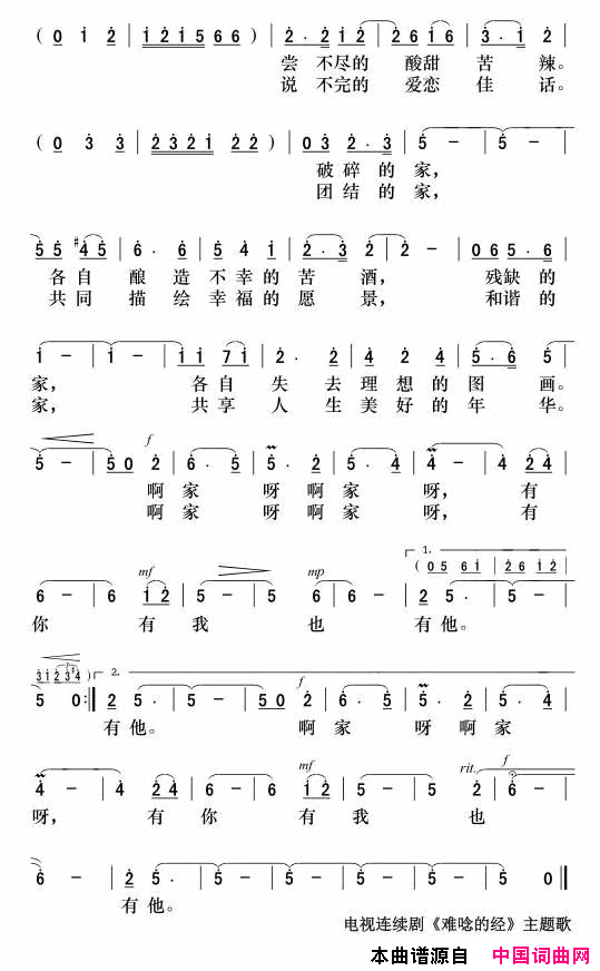 家啊家电视剧《难念的经》主题歌简谱1