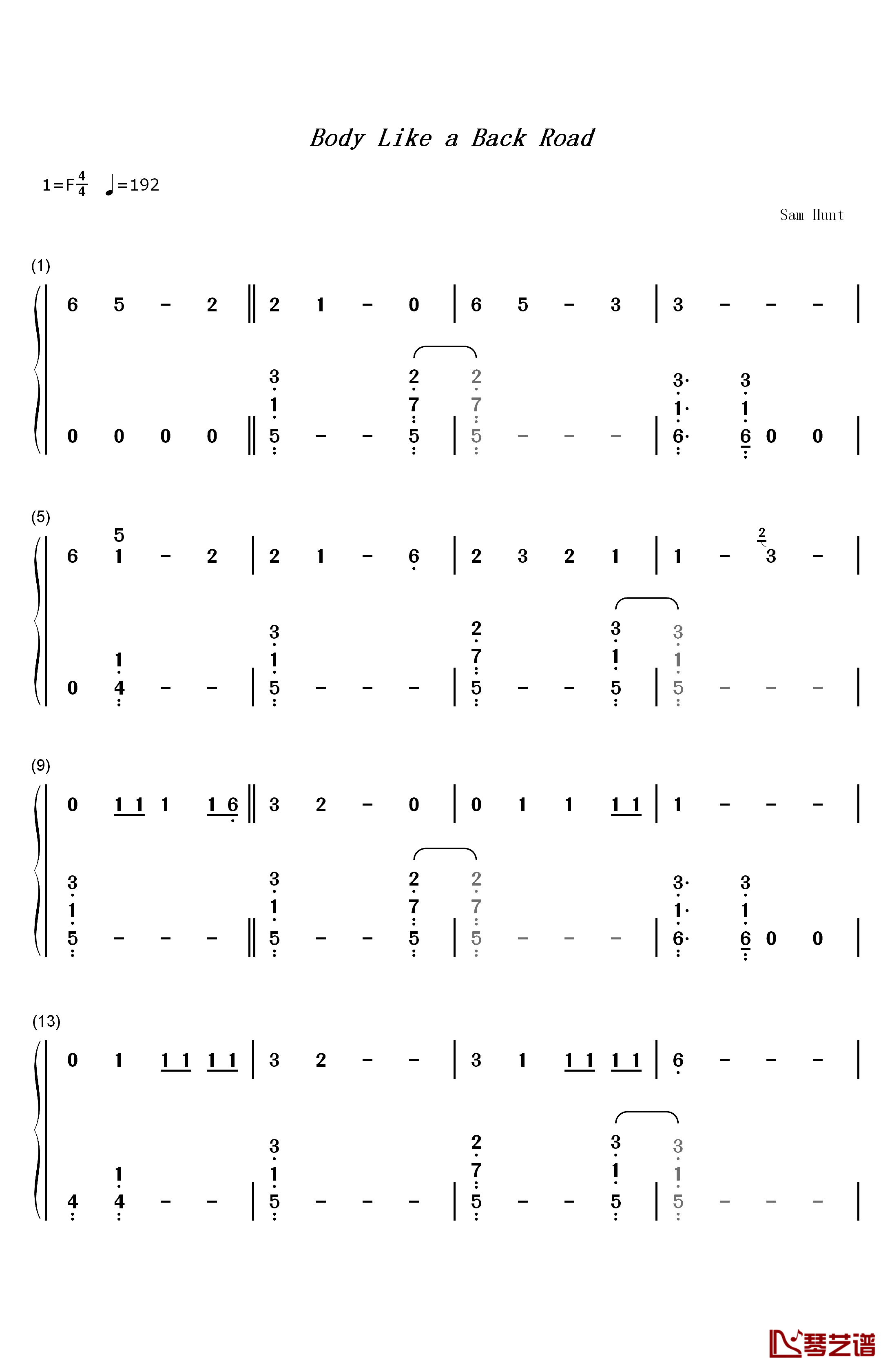 Body Like a Back Road钢琴简谱-数字双手-Sam Hunt1