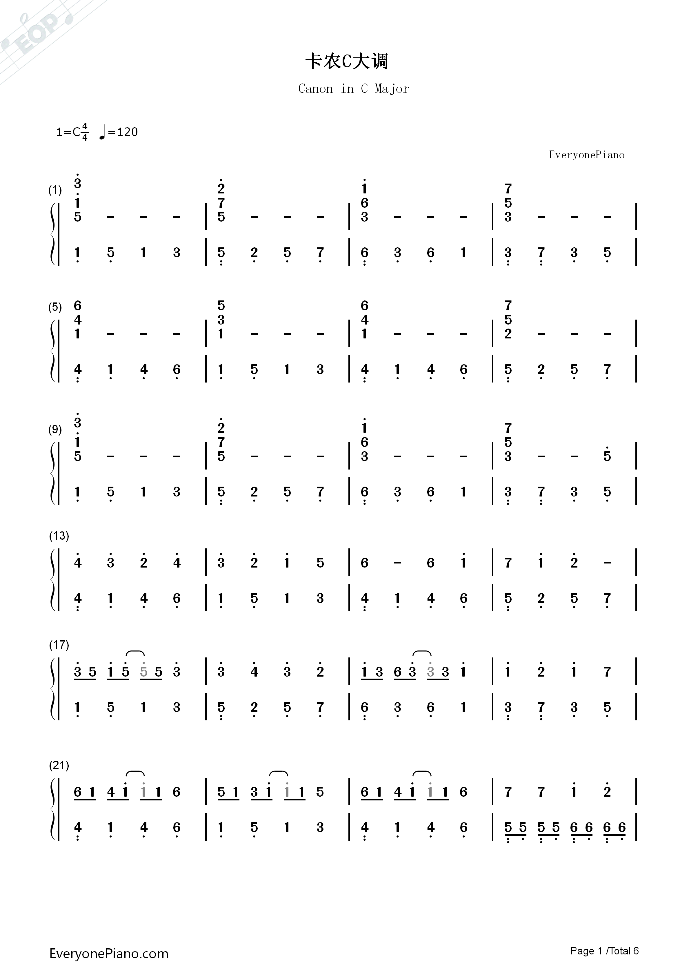卡农C大调最简版钢琴简谱-帕赫贝尔演唱1