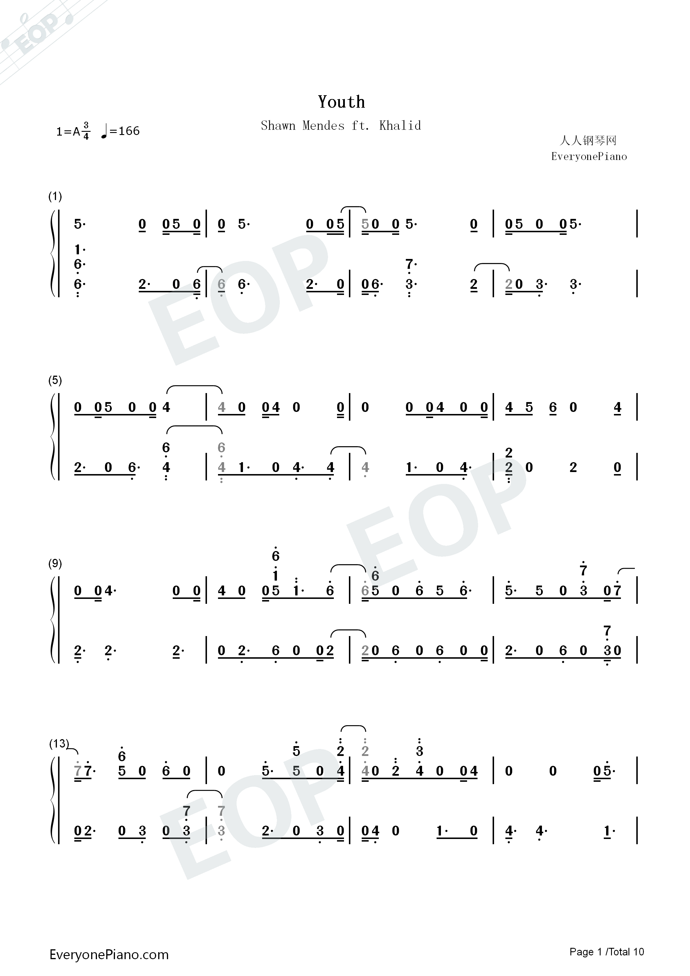 Youth钢琴简谱-Shawn Mendes Khalid演唱1