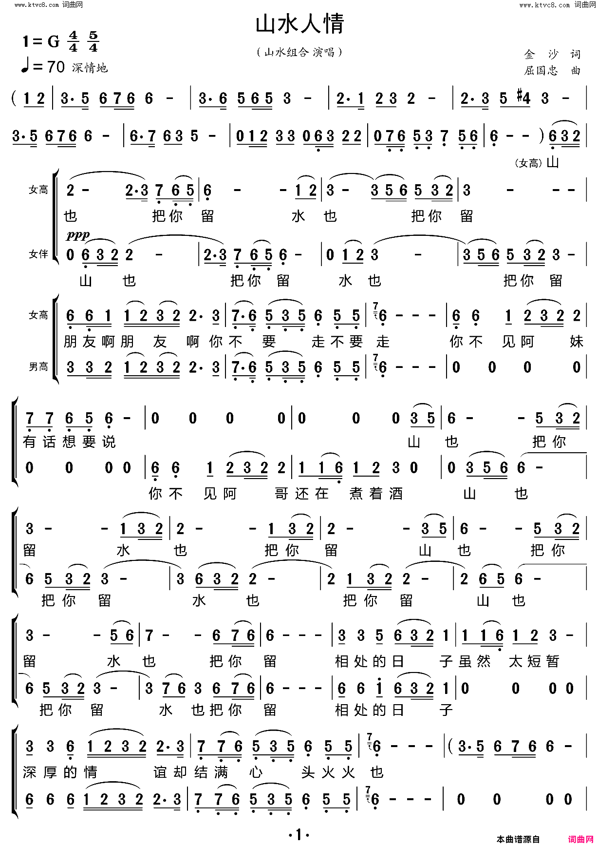 山水人情简谱-山水组合演唱-金沙/屈国忠词曲1