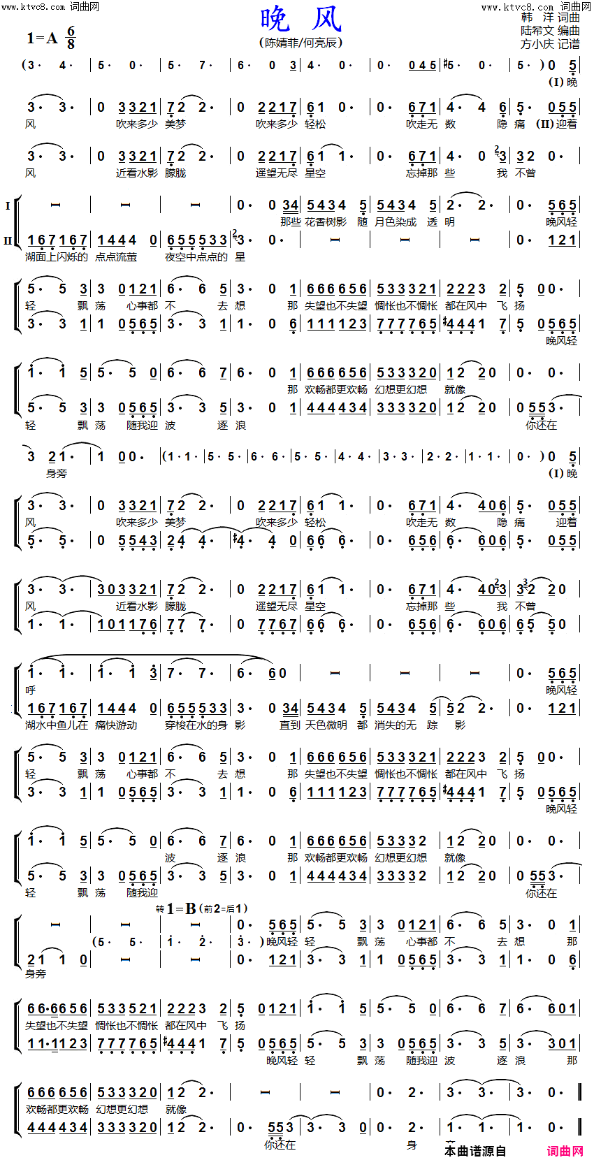 晚风(男女声二重唱)简谱-陈婧菲、何亮辰演唱-方小庆曲谱1