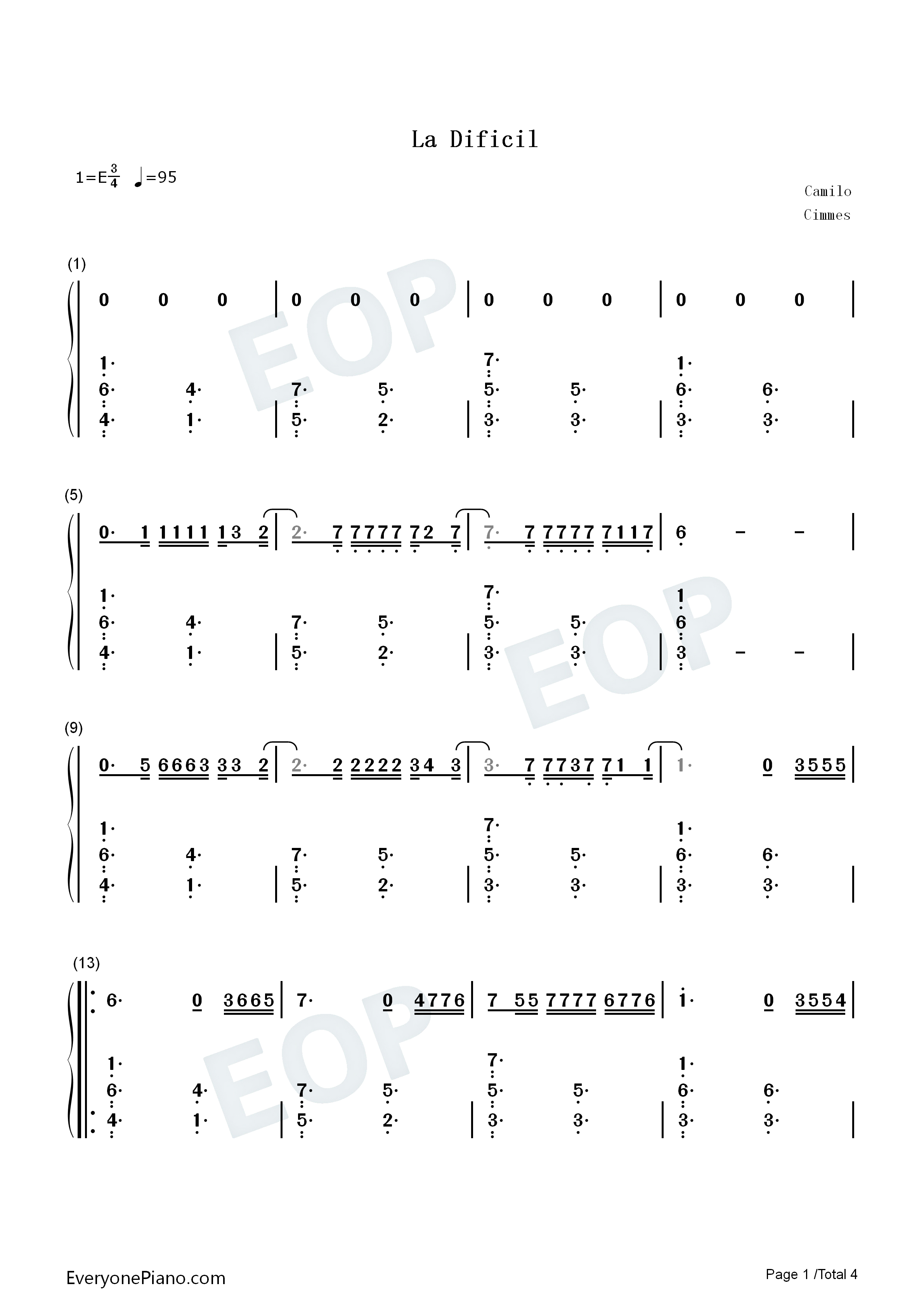 La Difícil钢琴简谱-Camilo演唱1