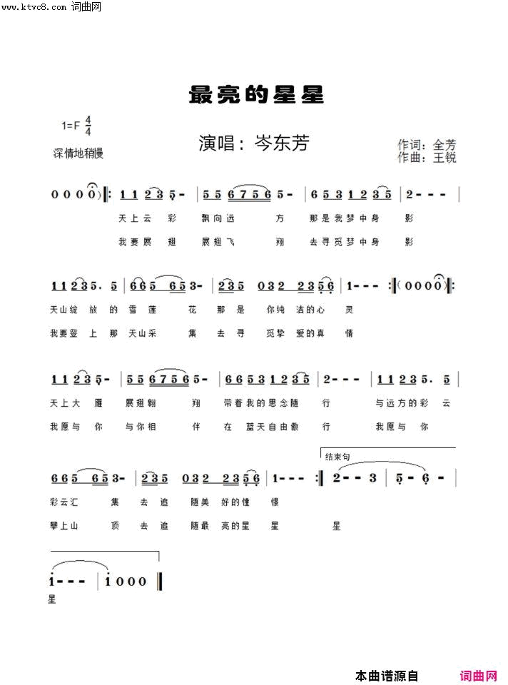 最亮的星星简谱-岑东芳演唱-全芳/王锐词曲1