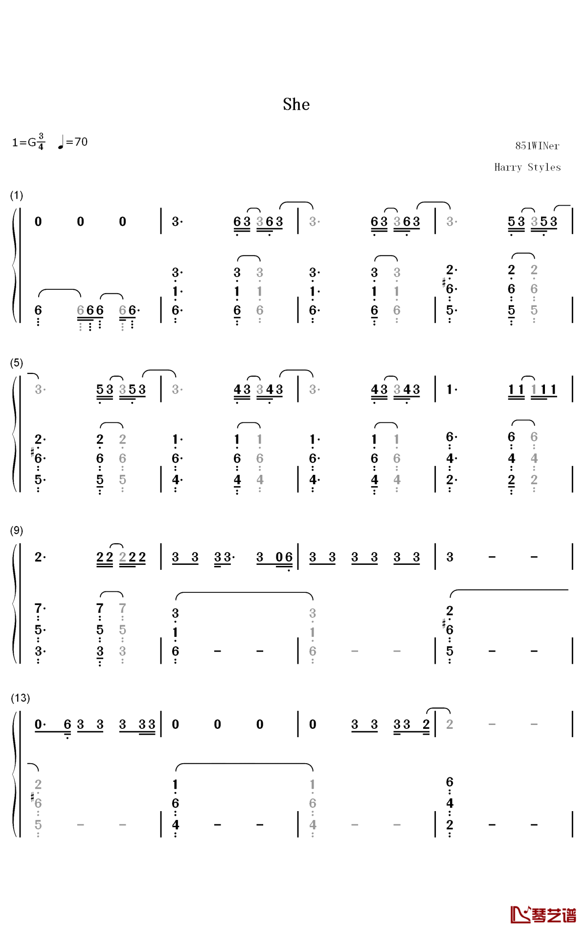 She钢琴简谱-数字双手-Harry Styles1