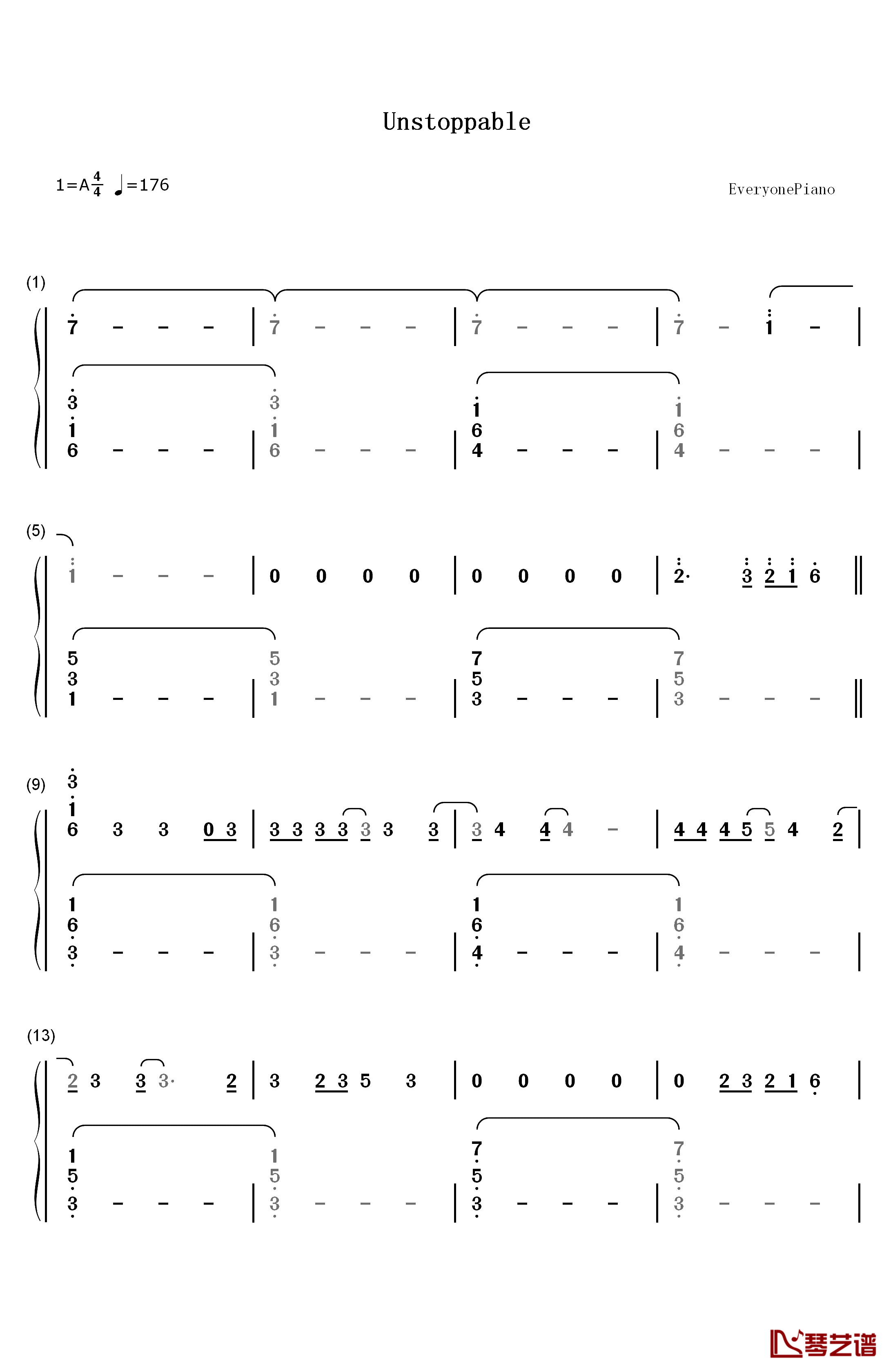 Unstoppable钢琴简谱-数字双手-Sia1