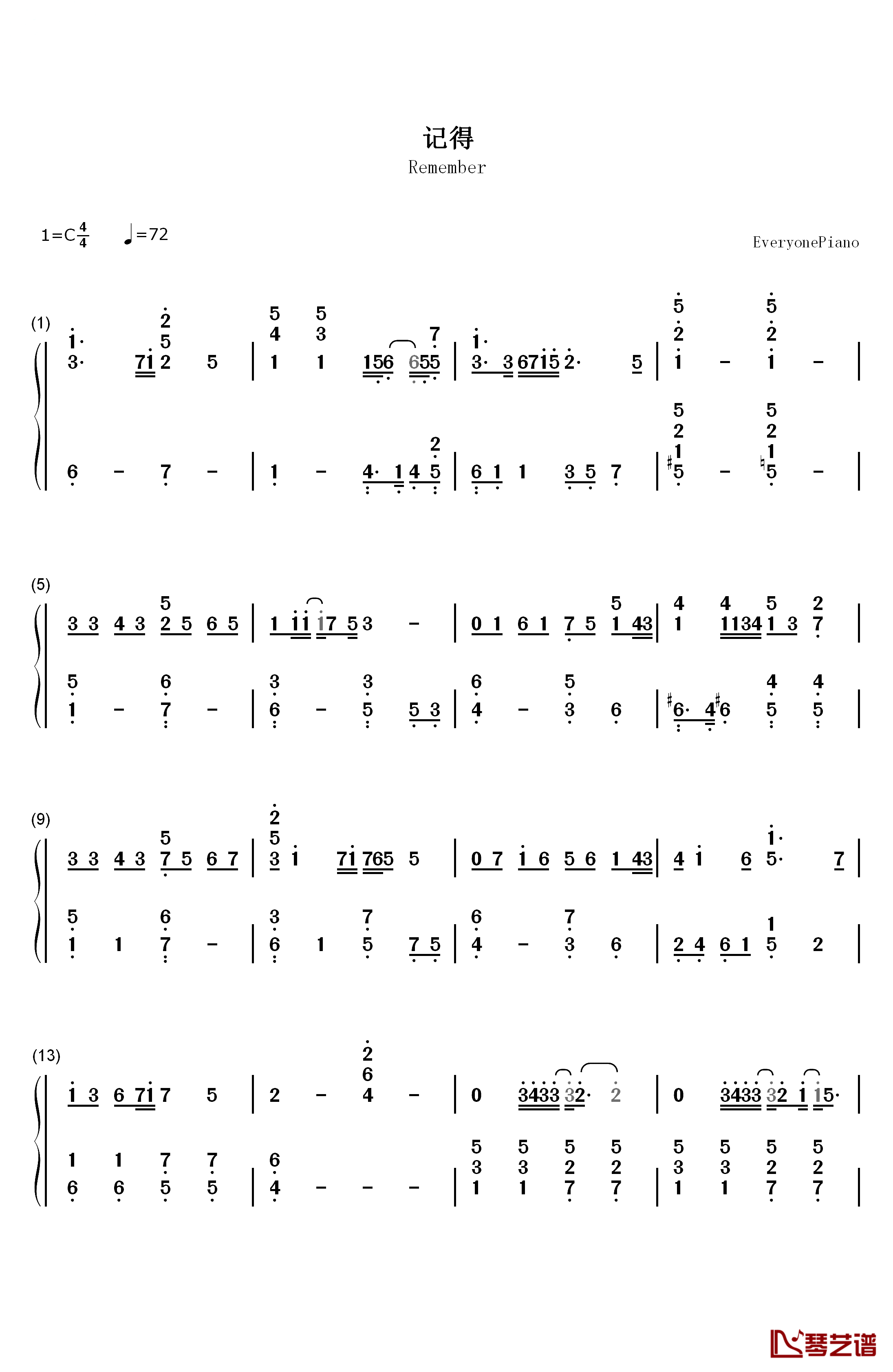 记得钢琴简谱-数字双手-张惠妹1