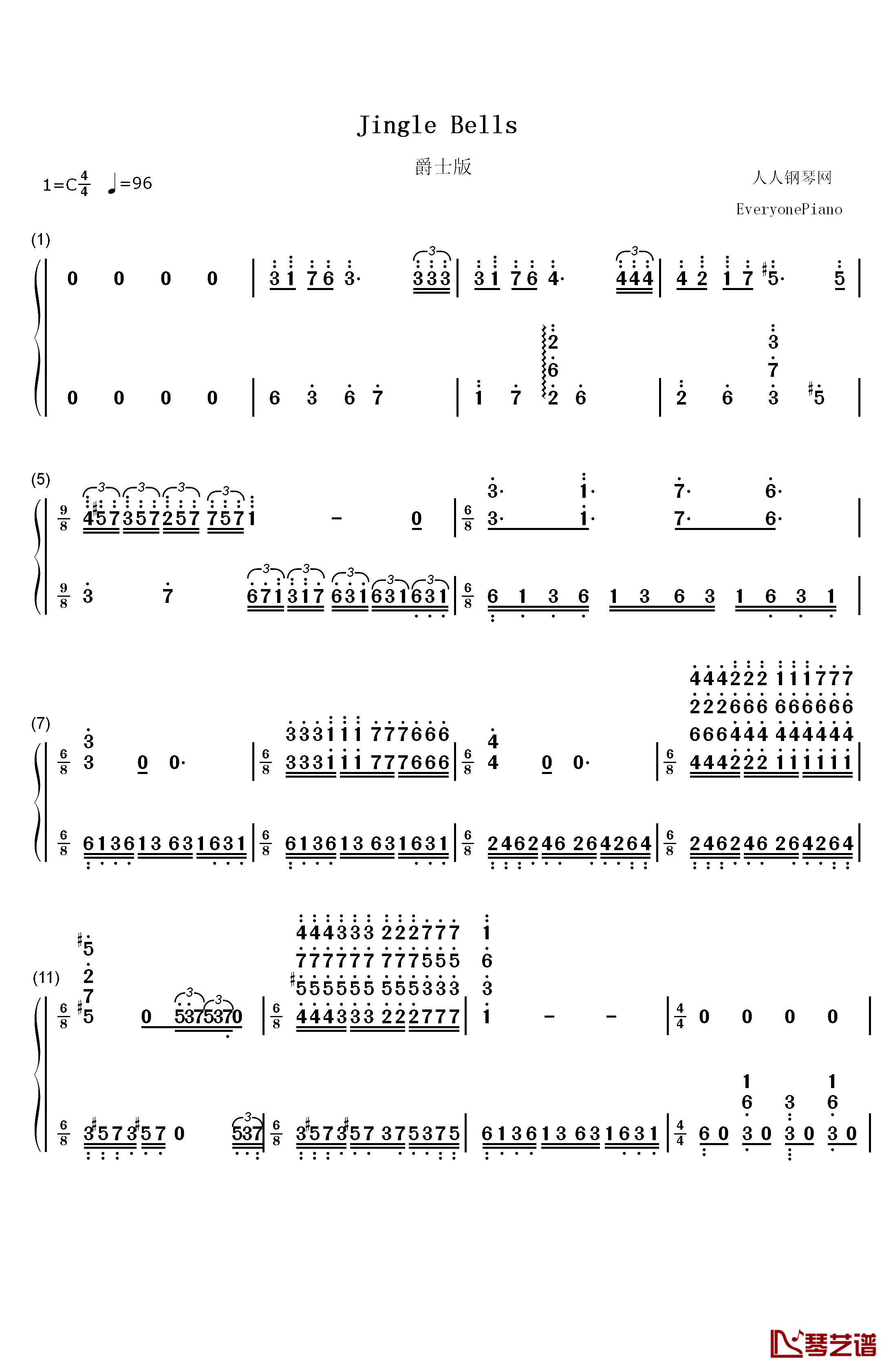 Jingle Bells钢琴简谱-数字双手-James Lord Pierpont1