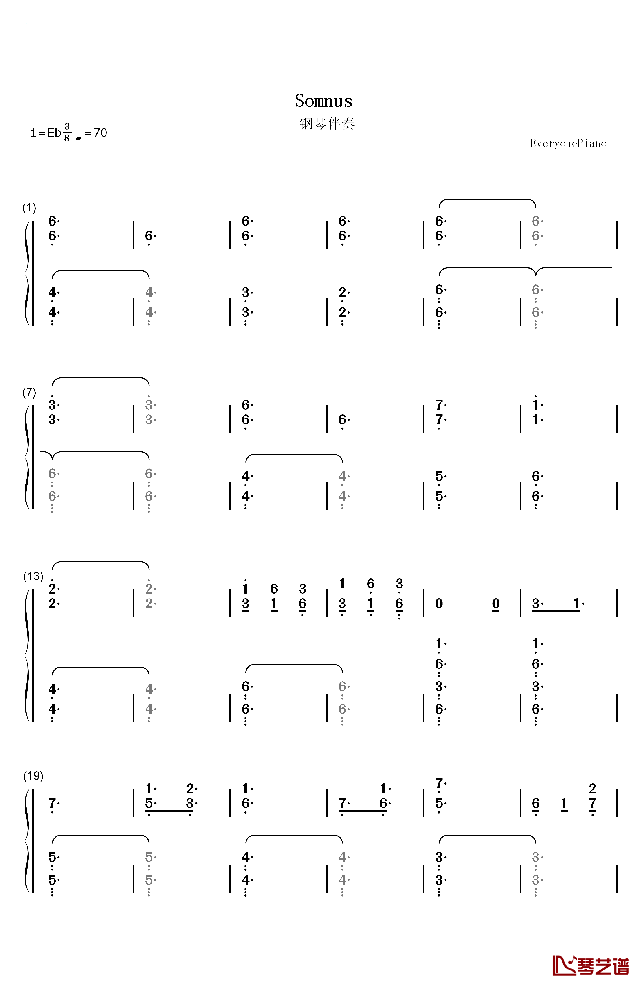 Somnus钢琴简谱-数字双手-下村阳子1