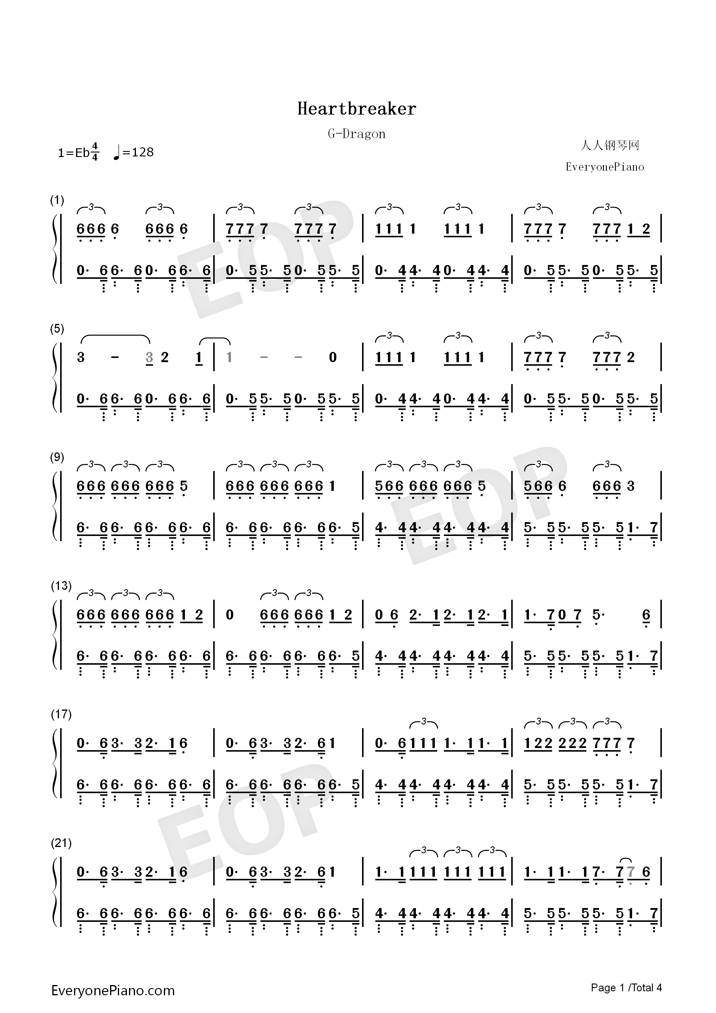 Heartbreaker钢琴简谱-G-dragon  权志龙演唱1