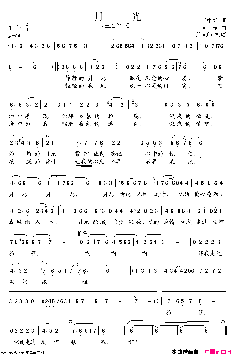 月光王宏伟版简谱-王宏伟演唱-王中新/向东词曲1