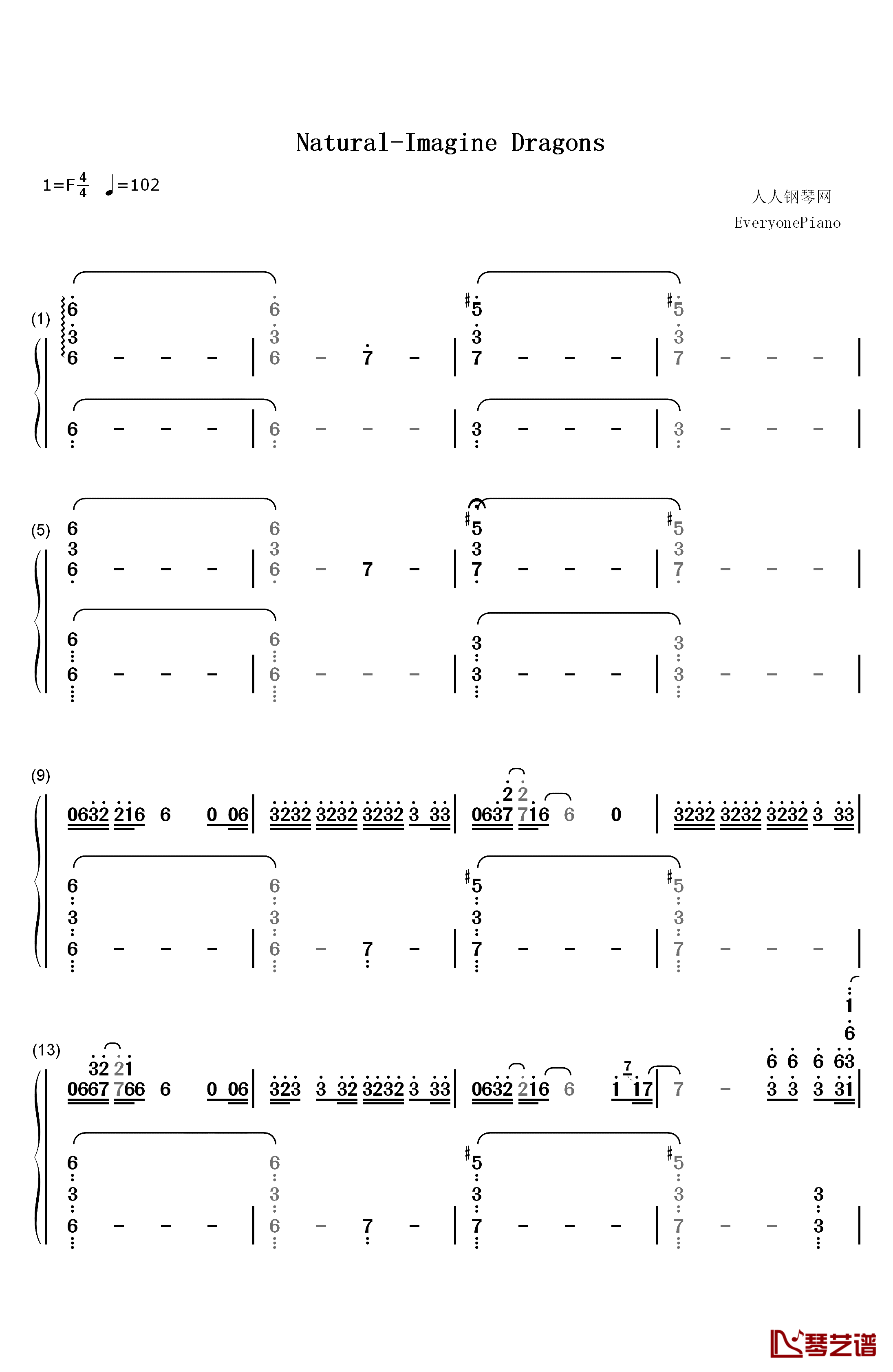 Natural钢琴简谱-数字双手-Imagine Dragons1
