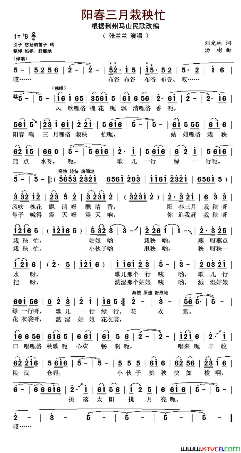 阳春三月栽秧忙简谱-张兰兰演唱-刘光林/汤彬词曲1