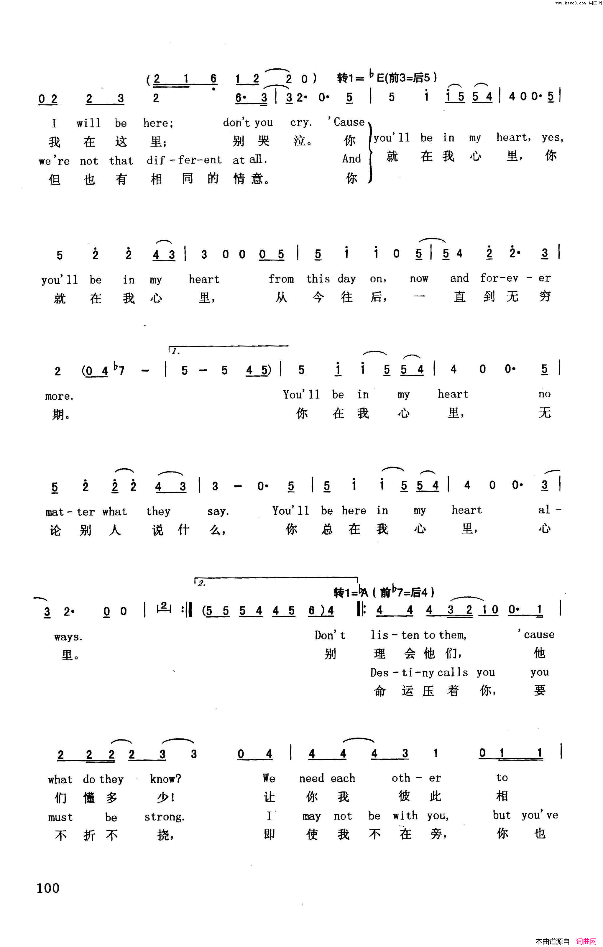 你就在我心里英汉美国动画片《人猿泰山》插曲简谱1