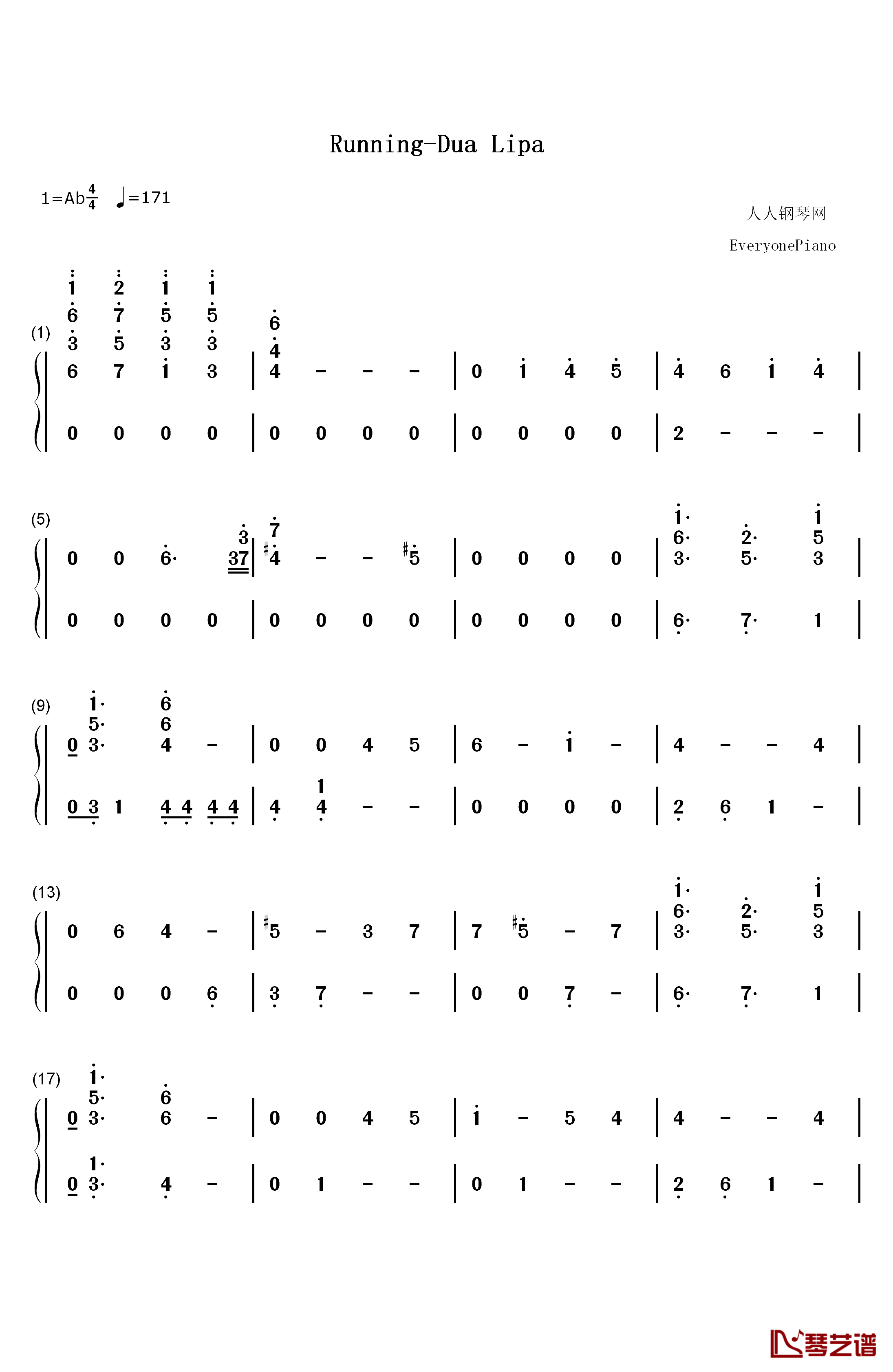 Running钢琴简谱-数字双手-Dua Lipa1