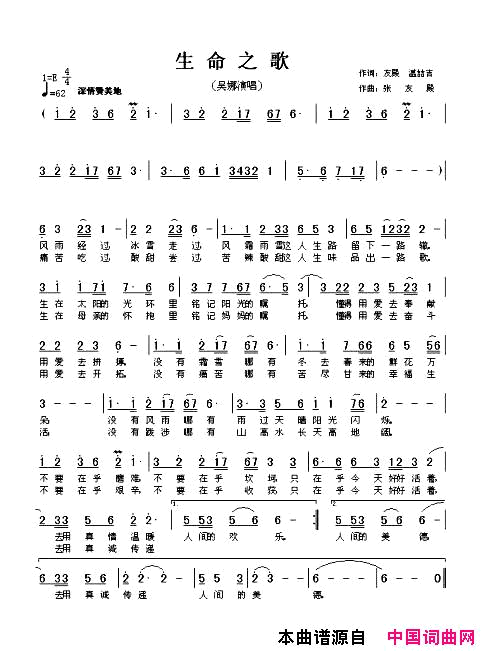 生命之歌简谱-吴娜演唱-张友殿、温哲吉/张友殿词曲1
