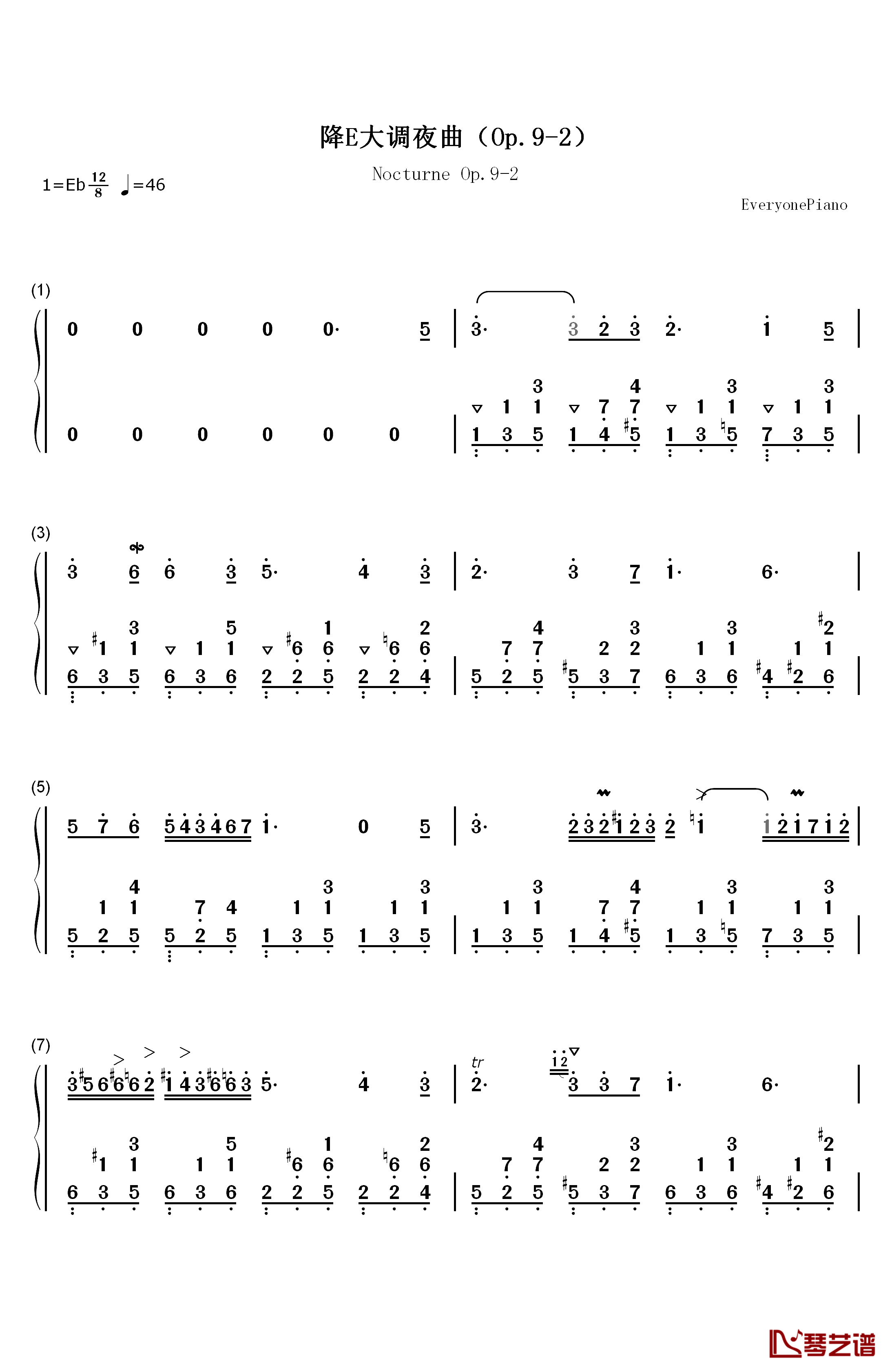 降E大调夜曲钢琴简谱-数字双手-肖邦1