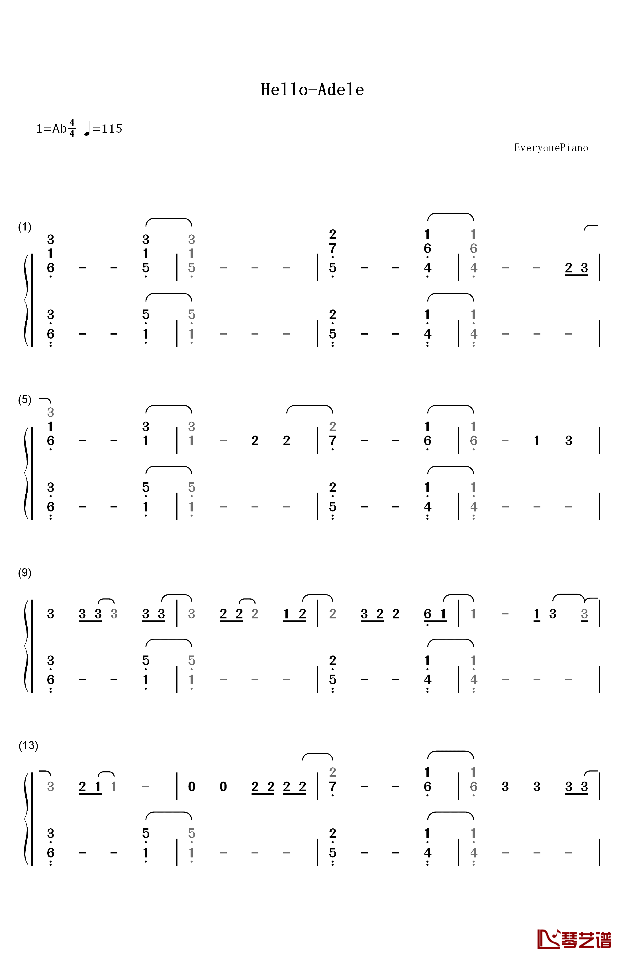 Hello钢琴简谱-数字双手-Adele1