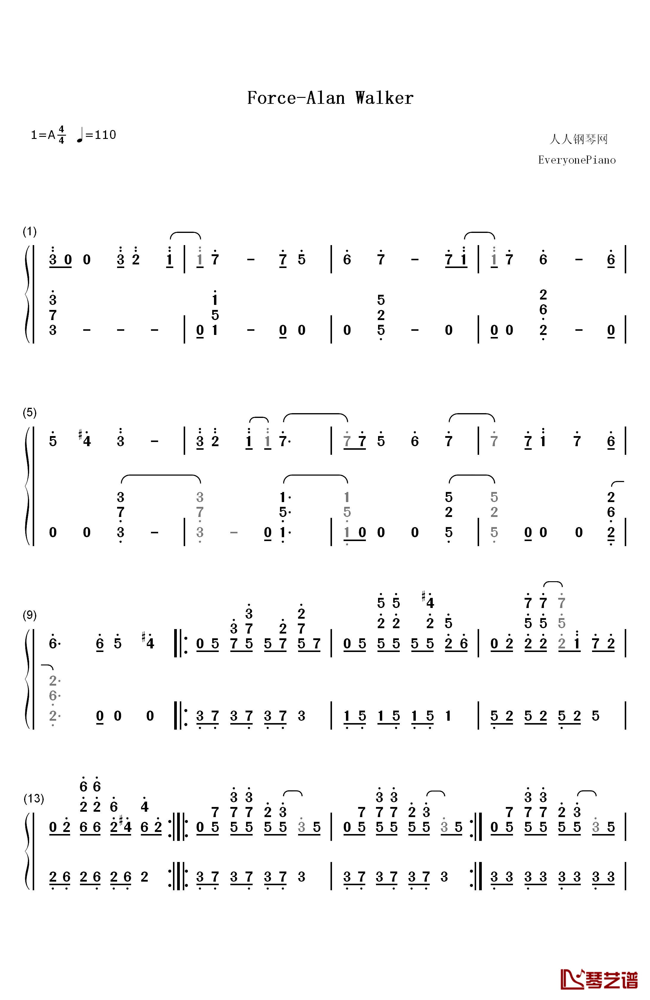 Force钢琴简谱-数字双手-Alan Walker1