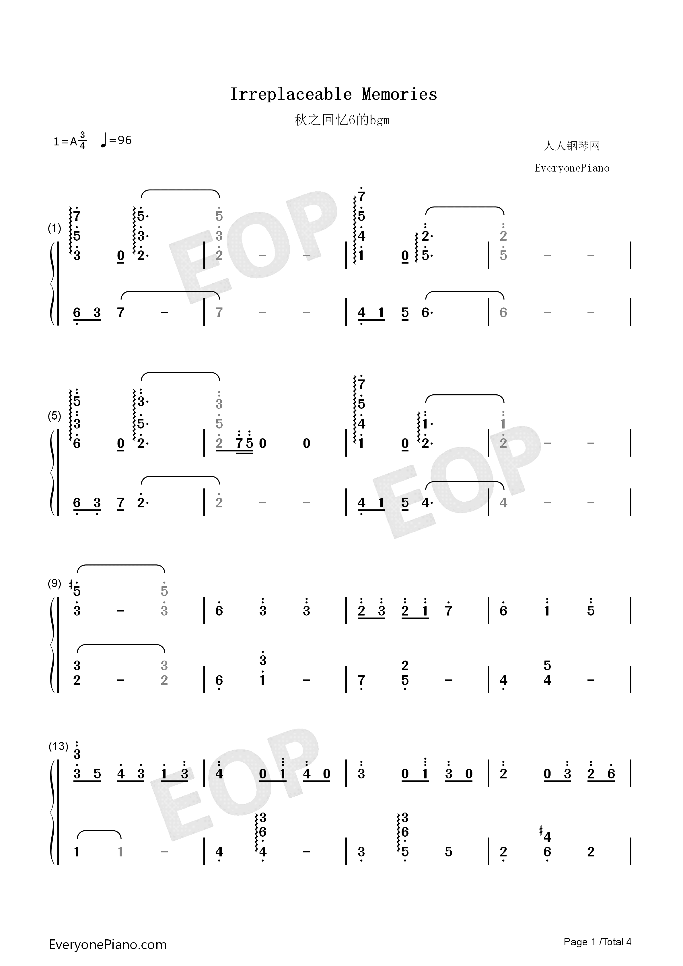 Irreplaceable memories钢琴简谱-秋之回忆6～T-Wave～演唱1