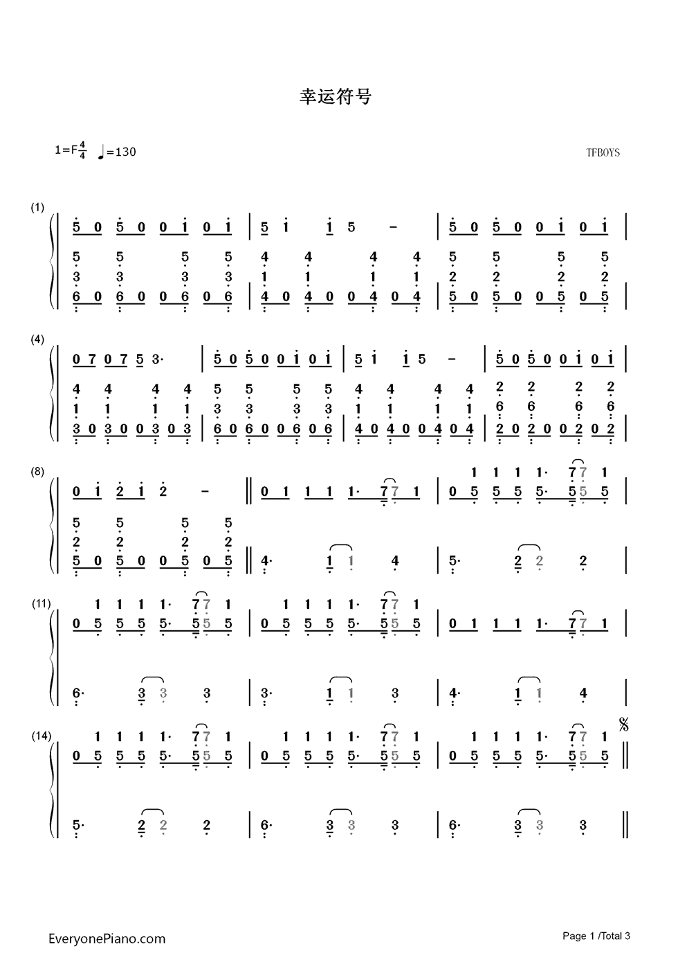 幸运符号钢琴简谱-数字双手-TFBOYS1