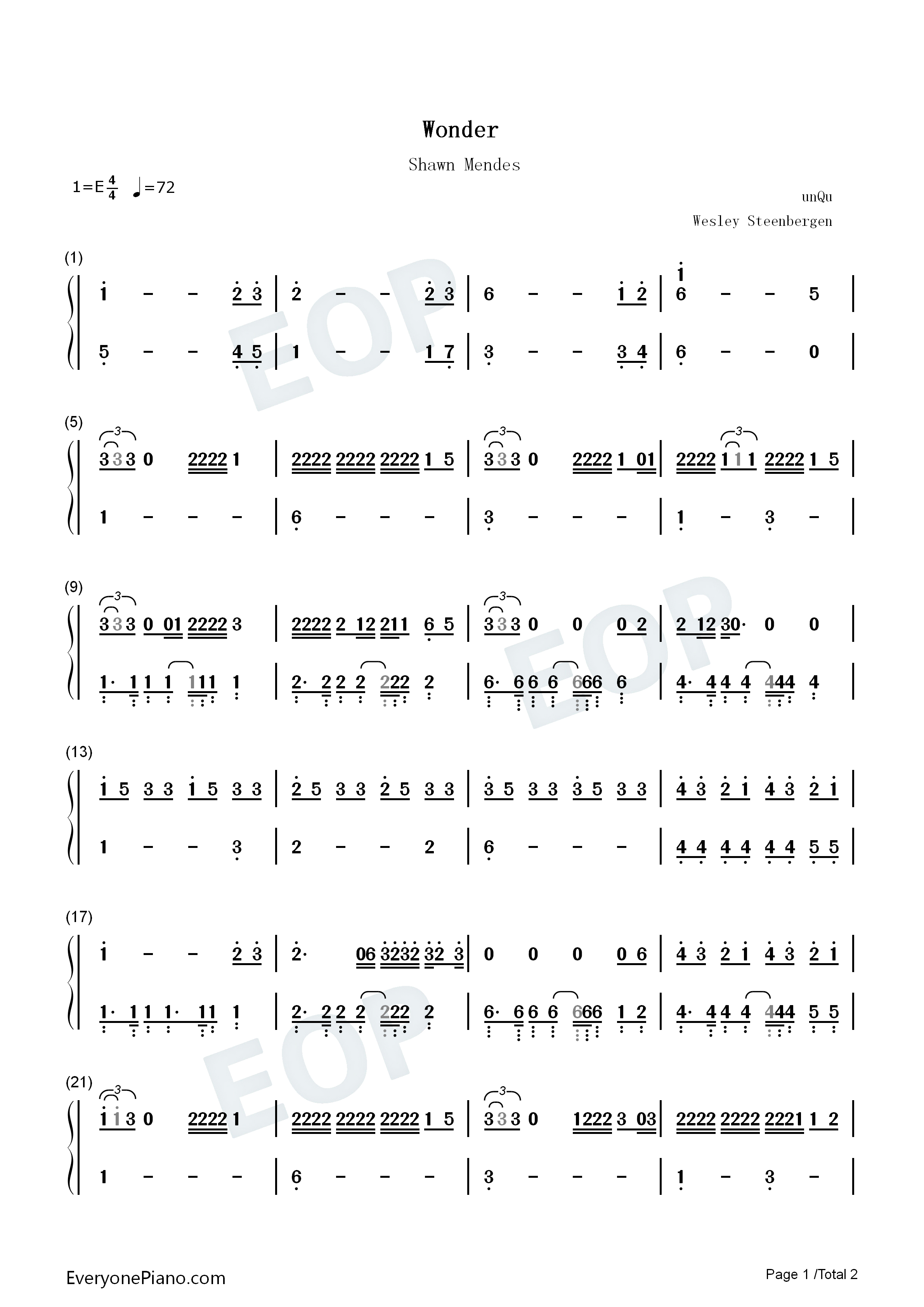 Wonder钢琴简谱-Shawn Mendes演唱1