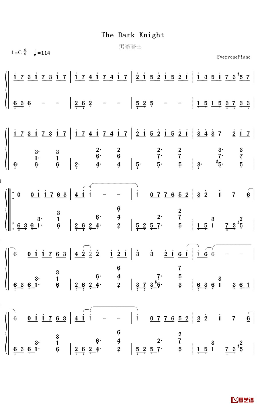 黑暗骑士钢琴简谱-数字双手-林俊杰1