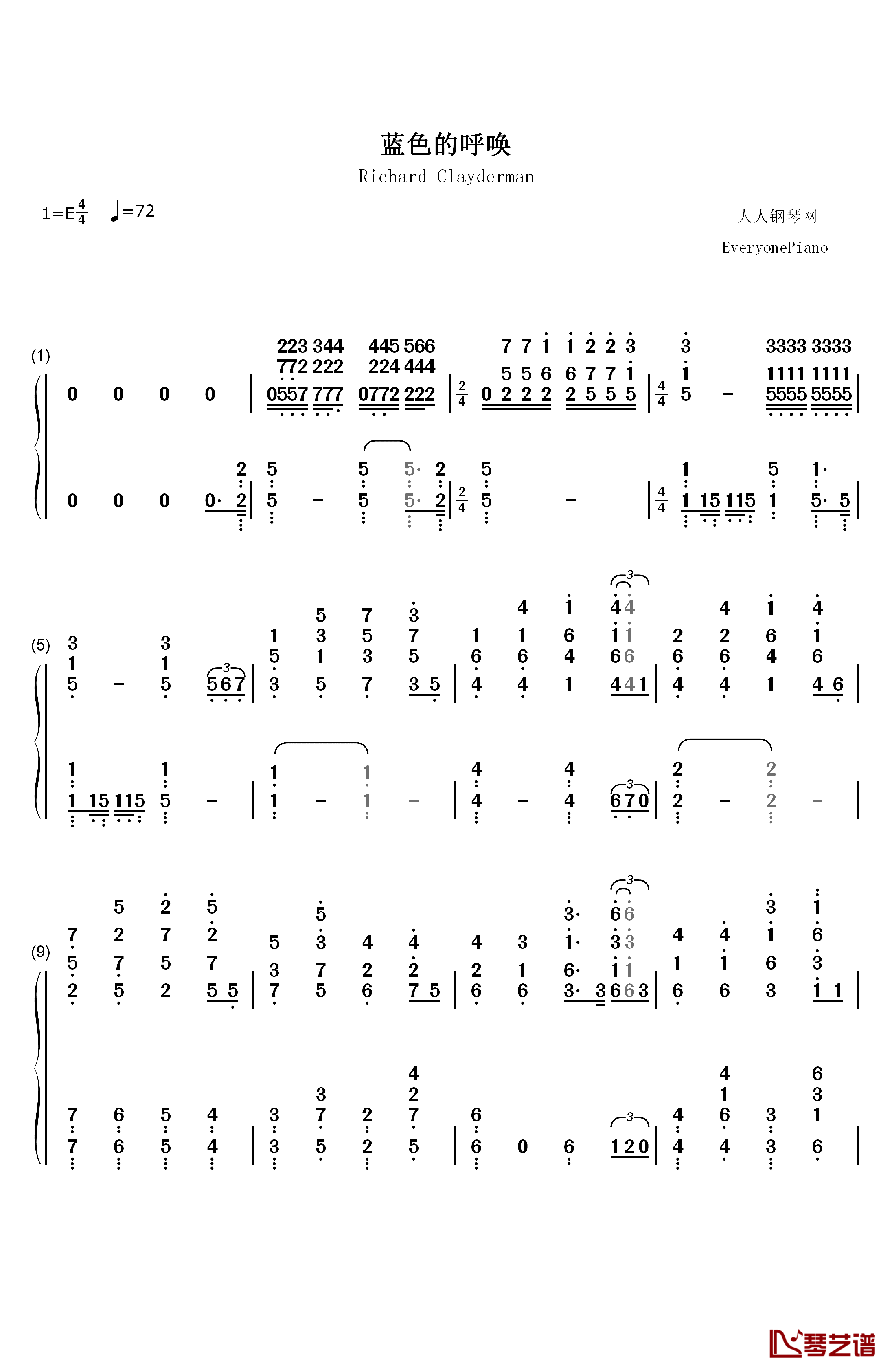 蓝色的呼唤钢琴简谱-数字双手-理查德克莱德曼1