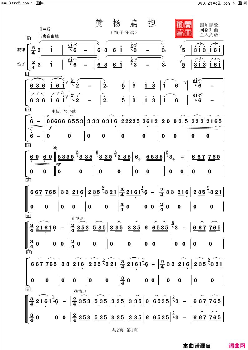 《黄杨扁担民乐合奏(笛子分谱)》简谱 四川民歌作曲 刘裕升编曲  第1页