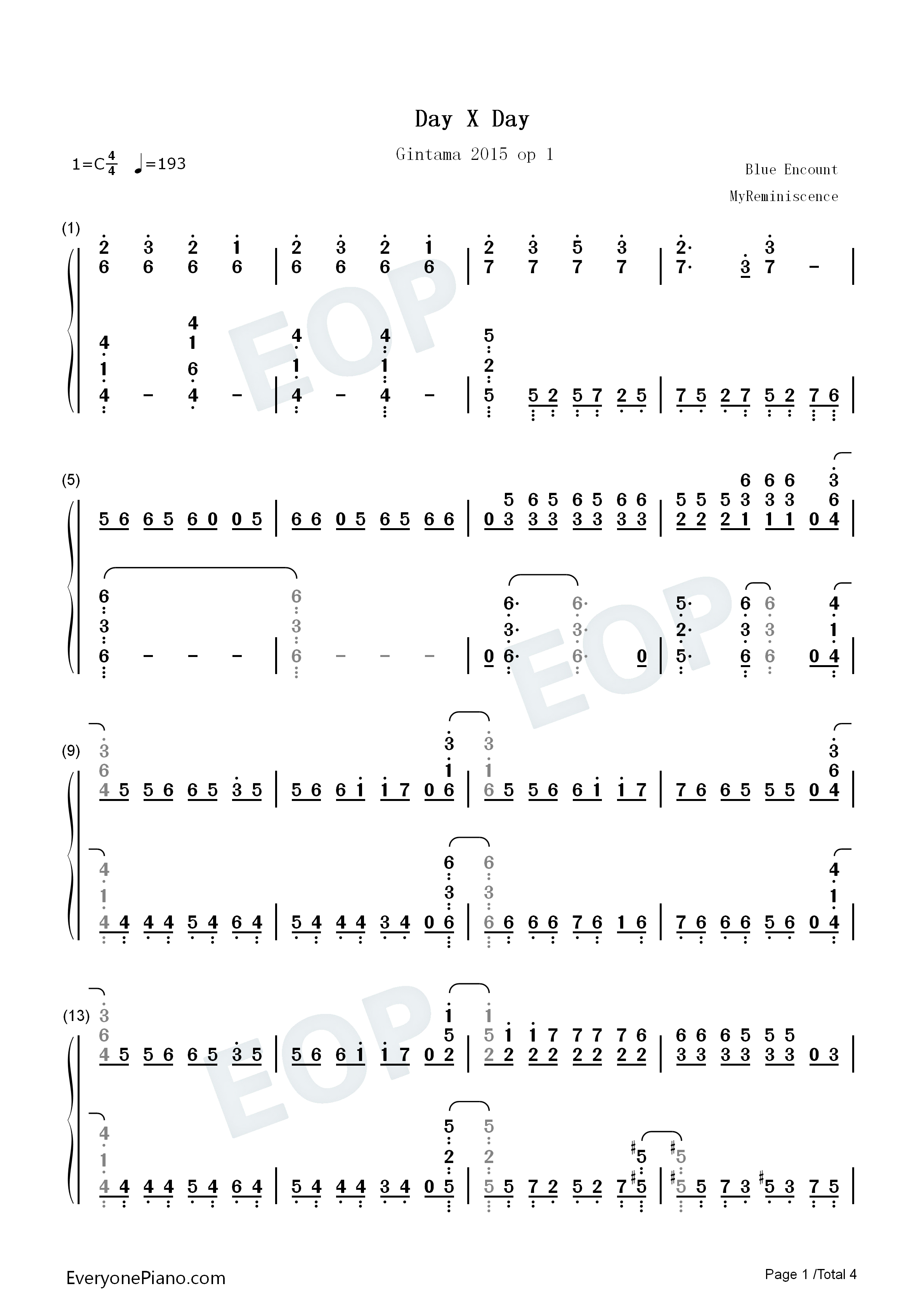 DAYxDAY钢琴简谱-BLUE ENCOUNT演唱1