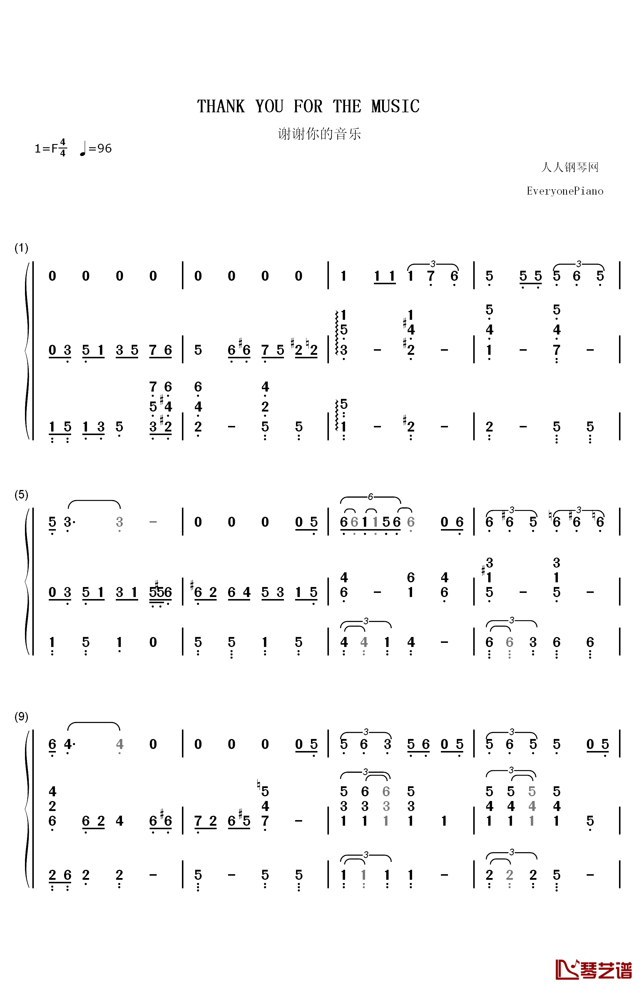 Thank You For The Music钢琴简谱-数字双手-ABBA1