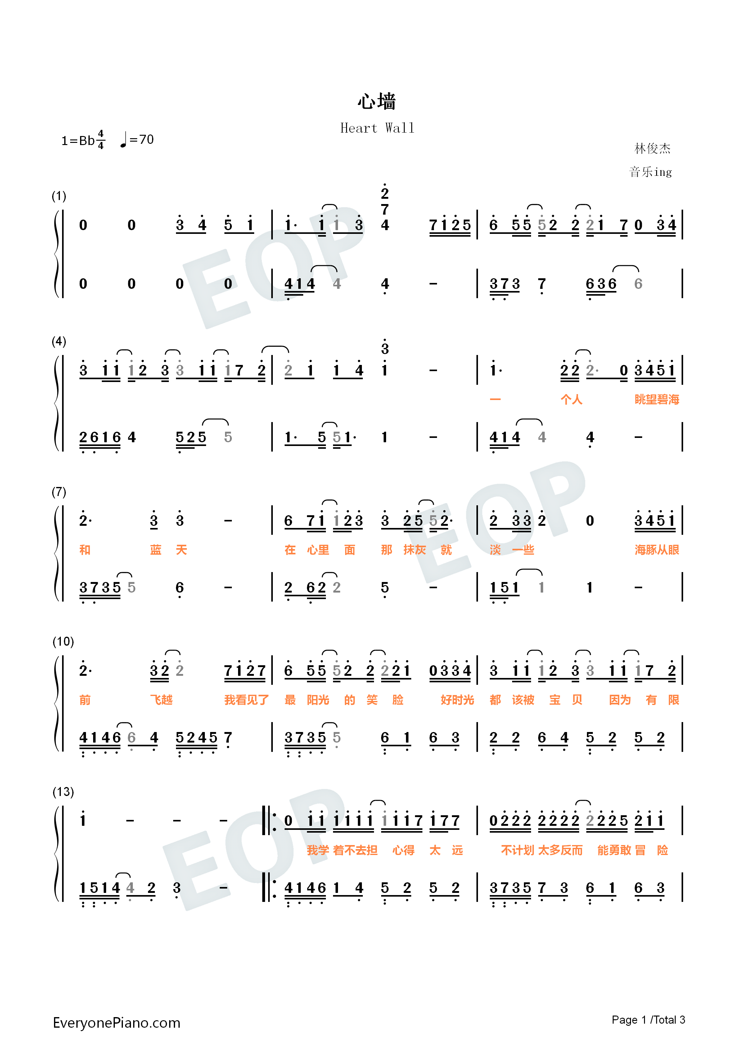 心墙钢琴简谱-林俊杰演唱1