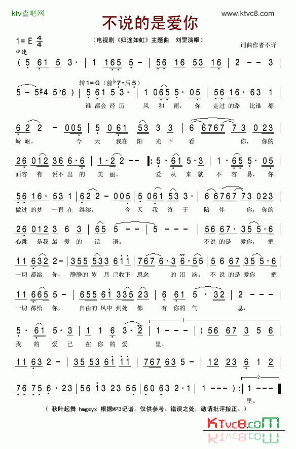 不说的是爱你电视剧《归途如虹》主题曲简谱-刘罡演唱1