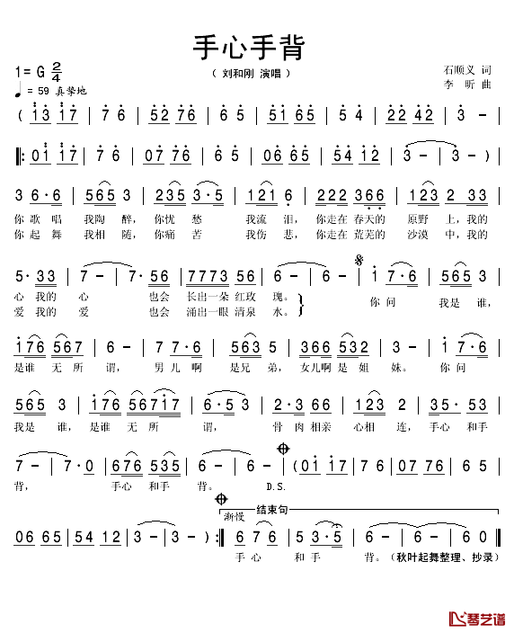 手心手背简谱(歌词)-刘和刚演唱-秋叶起舞记谱1