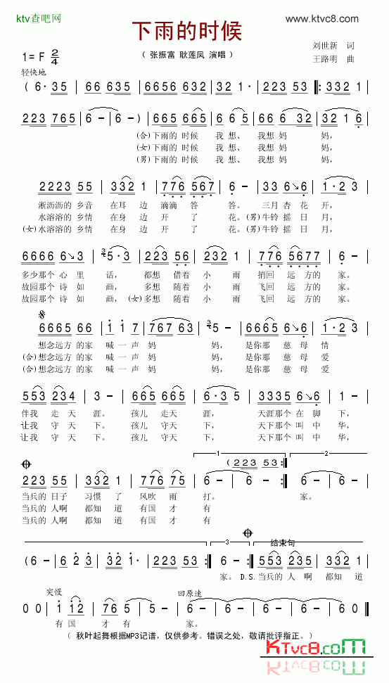 下雨的时候简谱-张振富演唱1