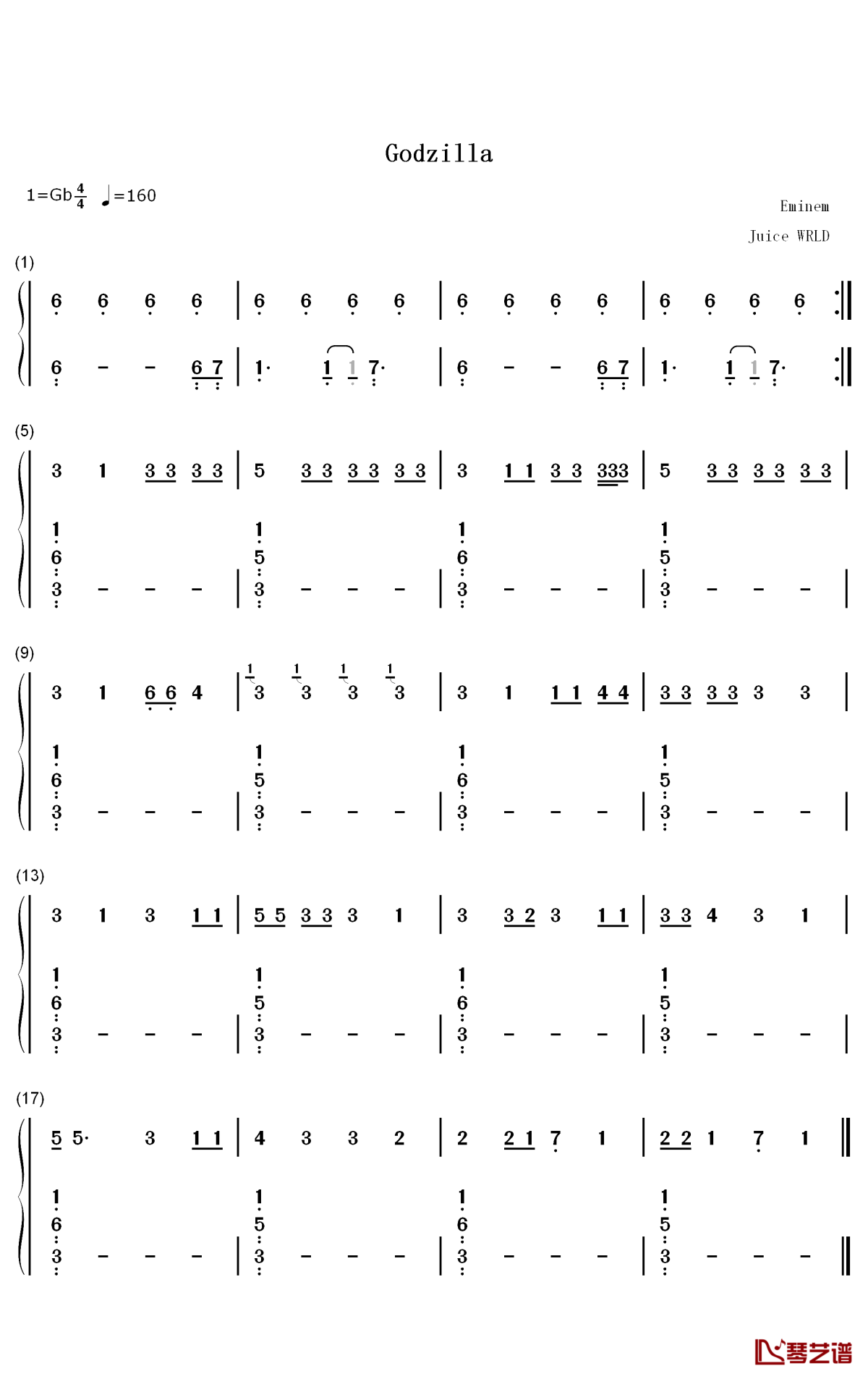 Godzilla钢琴简谱-数字双手-Eminem Juice Wrld1